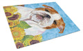Bulldog English in Summer Flowers Cutting Board Tempered Glass Kitchen Cutting Surface, Heat Resistant Chopping, Non-Slip Feet, Food Prep & Serving