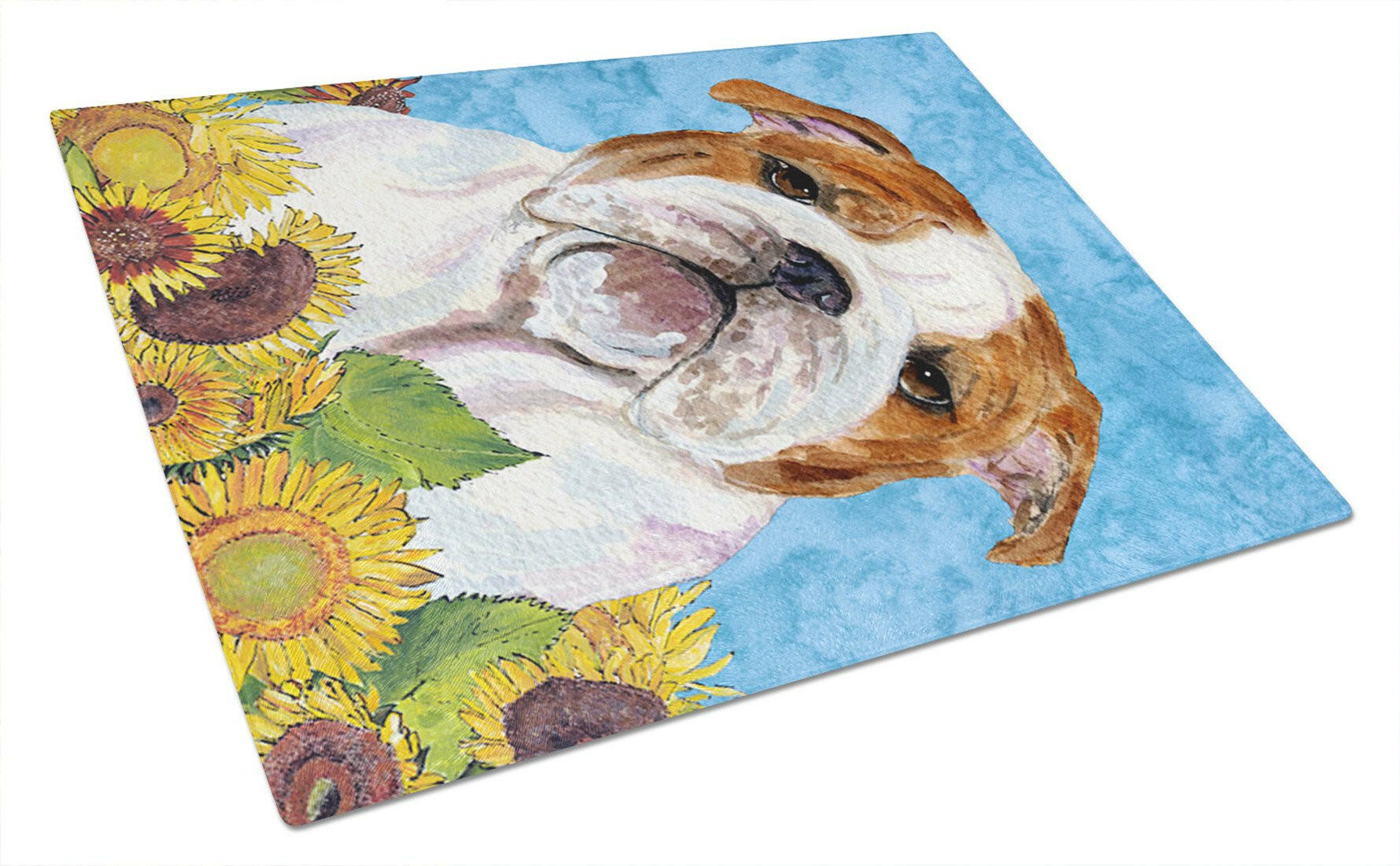 Bulldog English in Summer Flowers Cutting Board Tempered Glass Kitchen Cutting Surface, Heat Resistant Chopping, Non-Slip Feet, Food Prep & Serving