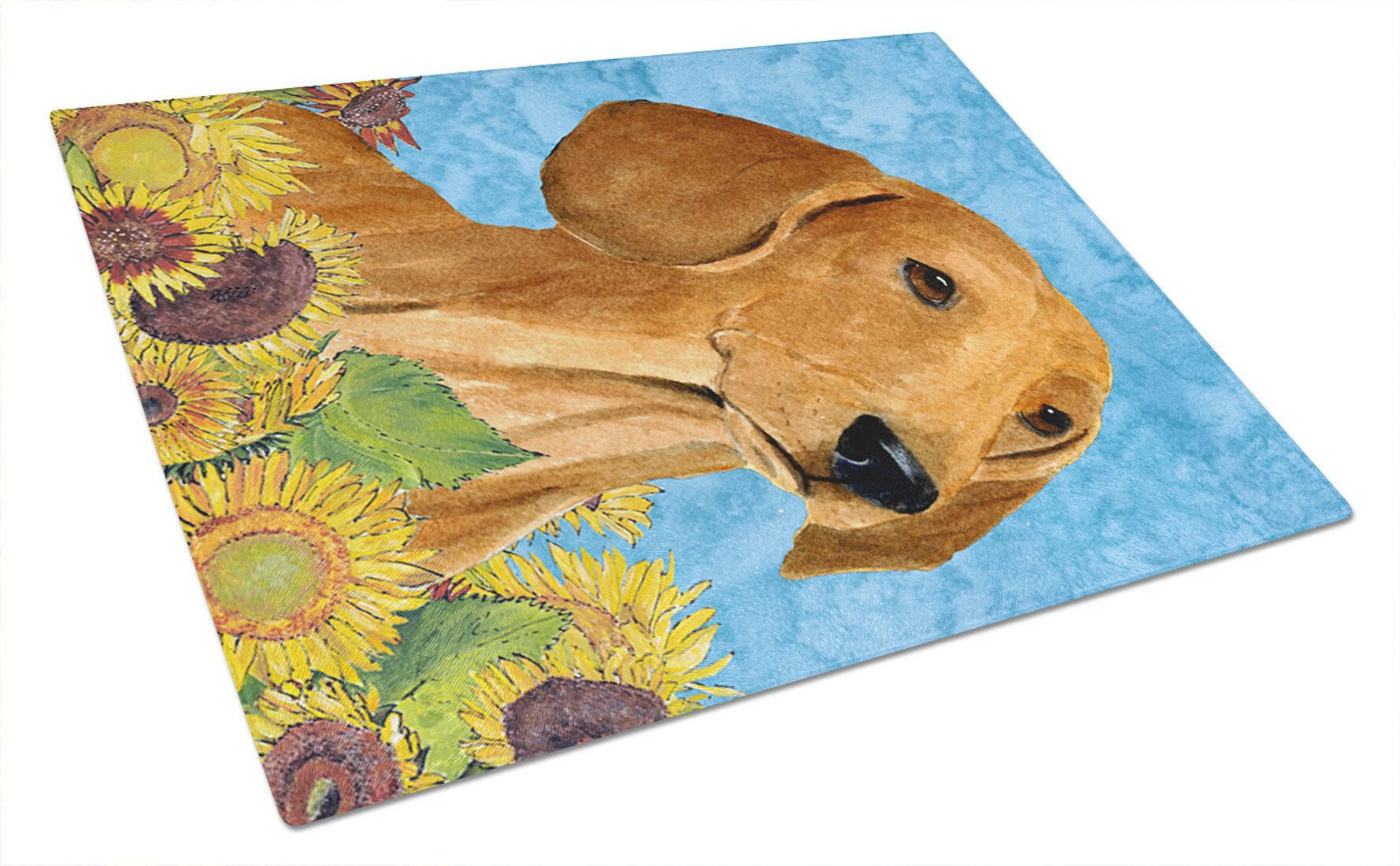 Dachshund in Summer Flowers Cutting Board Tempered Glass Kitchen Cutting Surface, Heat Resistant Chopping, Non-Slip Feet, Food Prep & Serving