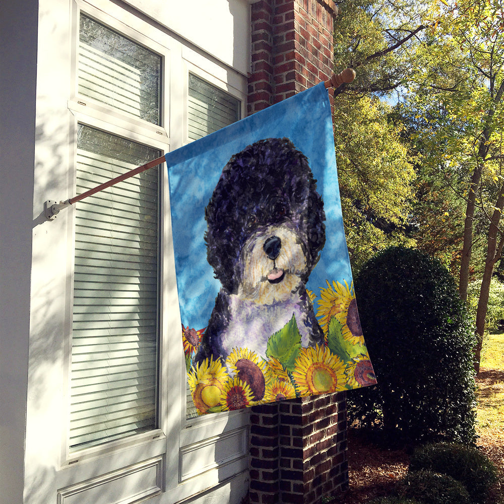 Portuguese Water Dog in Summer Flowers House Flag 28x40 Porch Sleeve Pole Decorative Outside Yard Banner Artwork Wall Hanging, Polyester