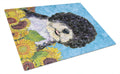 Portuguese Water Dog in Summer Flowers Cutting Board Tempered Glass Kitchen Cutting Surface, Heat Resistant Chopping, Non-Slip Feet, Food Prep & Serving