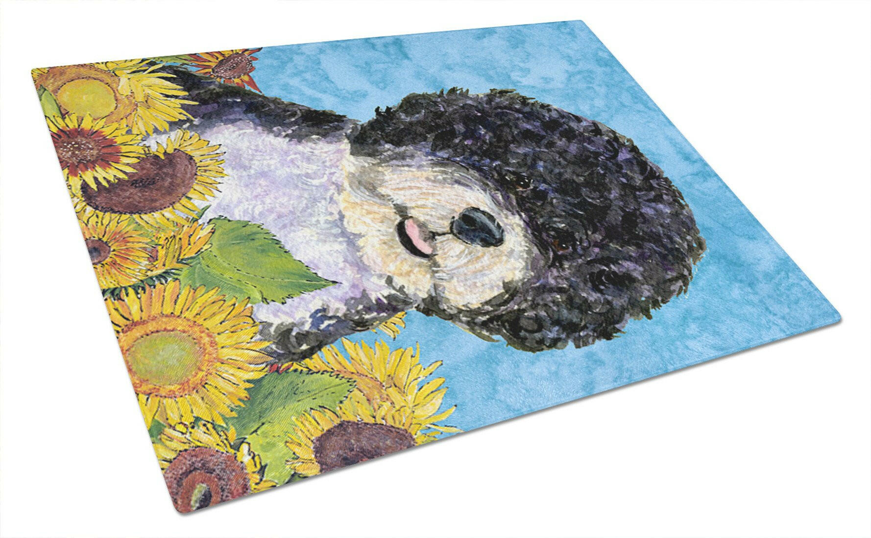 Portuguese Water Dog in Summer Flowers Cutting Board Tempered Glass Kitchen Cutting Surface, Heat Resistant Chopping, Non-Slip Feet, Food Prep & Serving