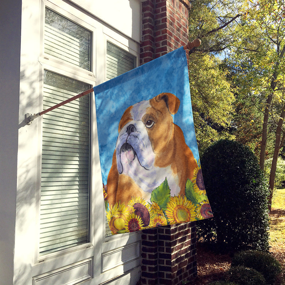 Bulldog English in Summer Flowers House Flag 28x40 Porch Sleeve Pole Decorative Outside Yard Banner Artwork Wall Hanging, Polyester