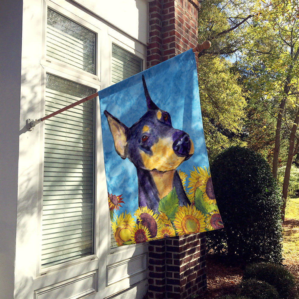 Doberman in Summer Flowers House Flag 28x40 Porch Sleeve Pole Decorative Outside Yard Banner Artwork Wall Hanging, Polyester