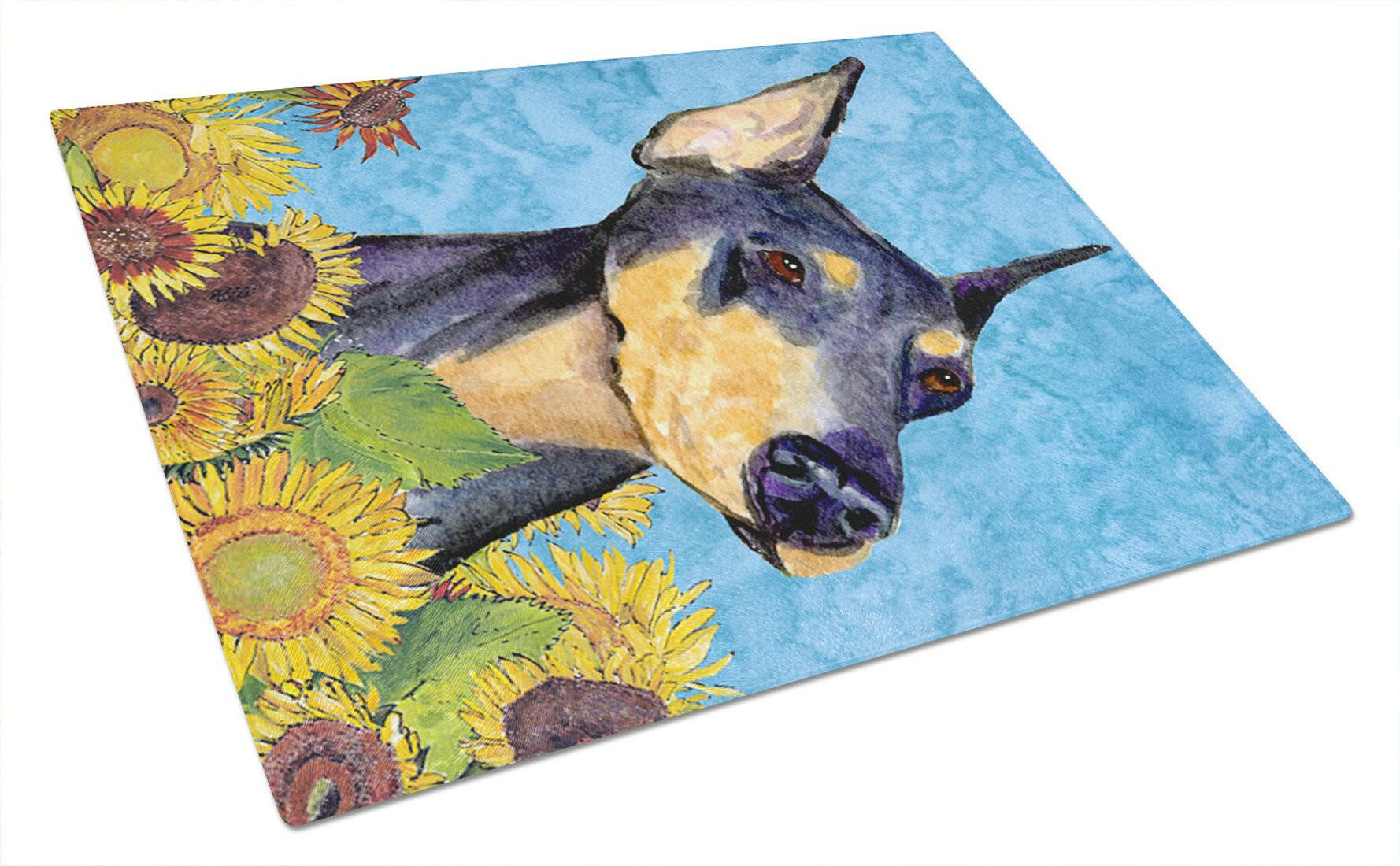 Doberman in Summer Flowers Cutting Board Tempered Glass Kitchen Cutting Surface, Heat Resistant Chopping, Non-Slip Feet, Food Prep & Serving