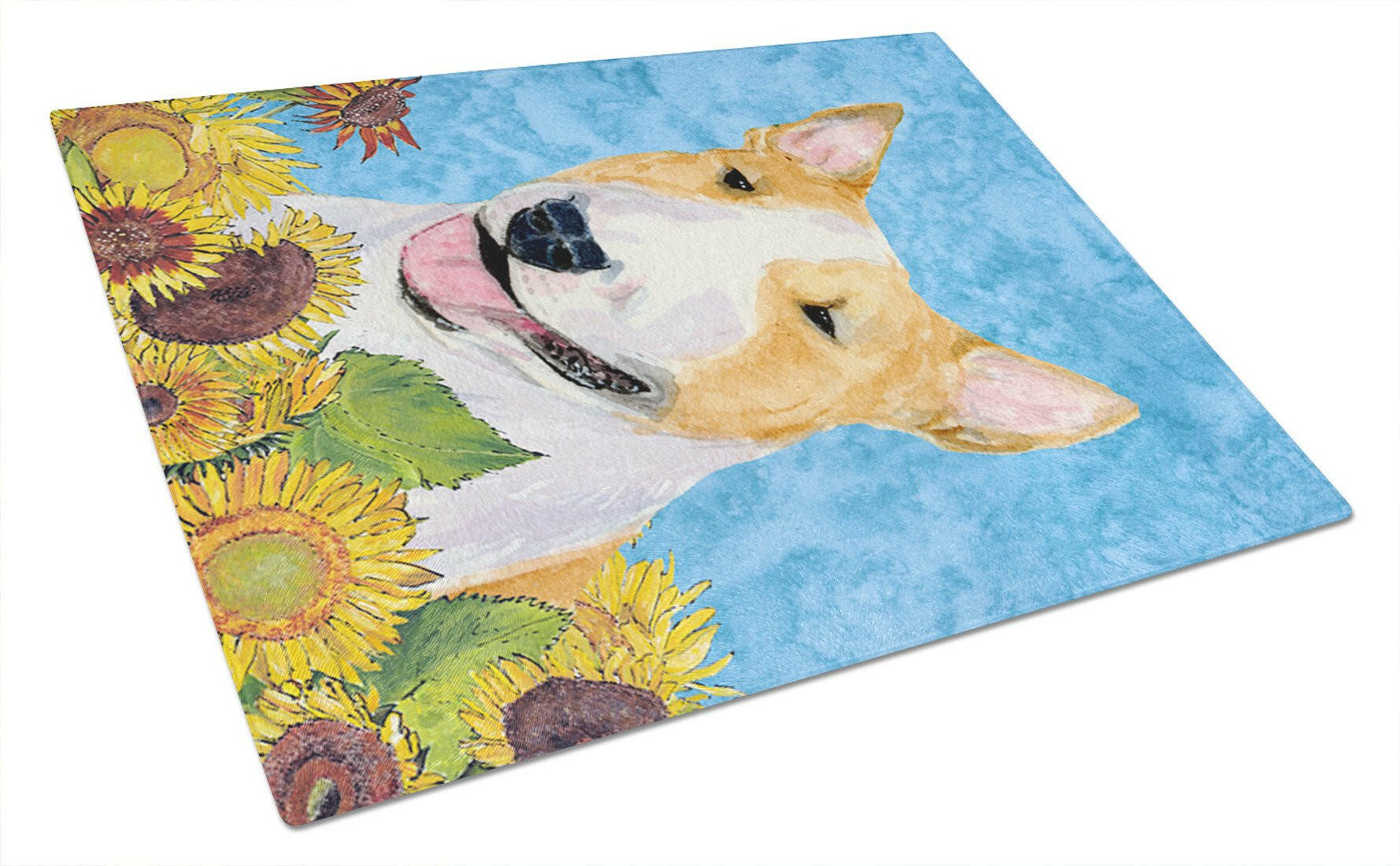Bull Terrier in Summer Flowers Cutting Board Tempered Glass Kitchen Cutting Surface, Heat Resistant Chopping, Non-Slip Feet, Food Prep & Serving