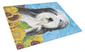Bearded Collie in Summer Flowers Cutting Board Tempered Glass Kitchen Cutting Surface, Heat Resistant Chopping, Non-Slip Feet, Food Prep & Serving