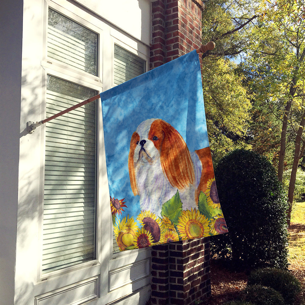 English Toy Spaniel in Summer Flowers House Flag 28x40 Porch Sleeve Pole Decorative Outside Yard Banner Artwork Wall Hanging, Polyester