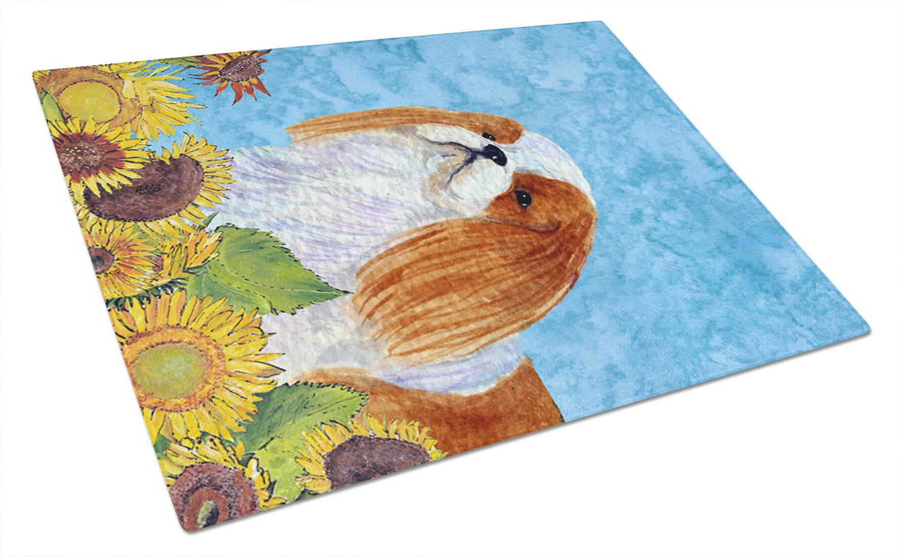 English Toy Spaniel in Summer Flowers Cutting Board Tempered Glass Kitchen Cutting Surface, Heat Resistant Chopping, Non-Slip Feet, Food Prep & Serving