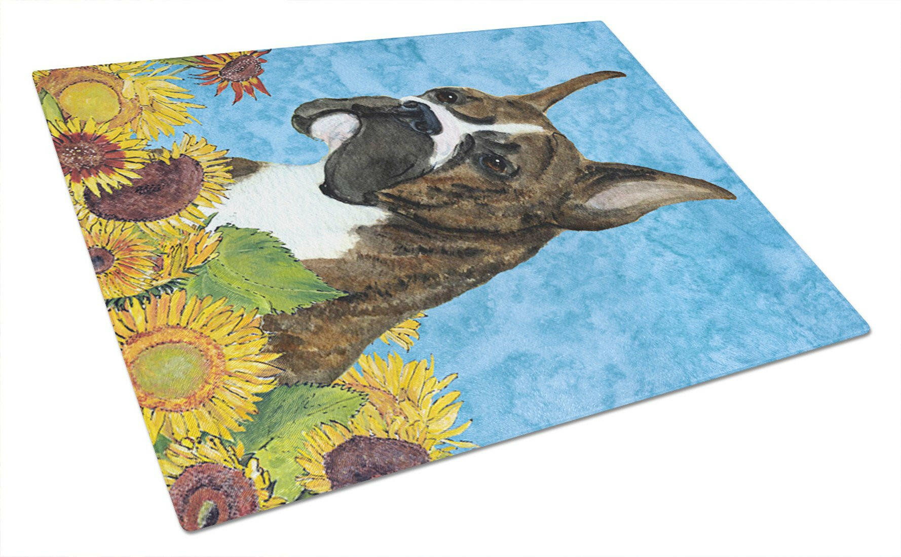Boxer in Summer Flowers Cutting Board Tempered Glass Kitchen Cutting Surface, Heat Resistant Chopping, Non-Slip Feet, Food Prep & Serving