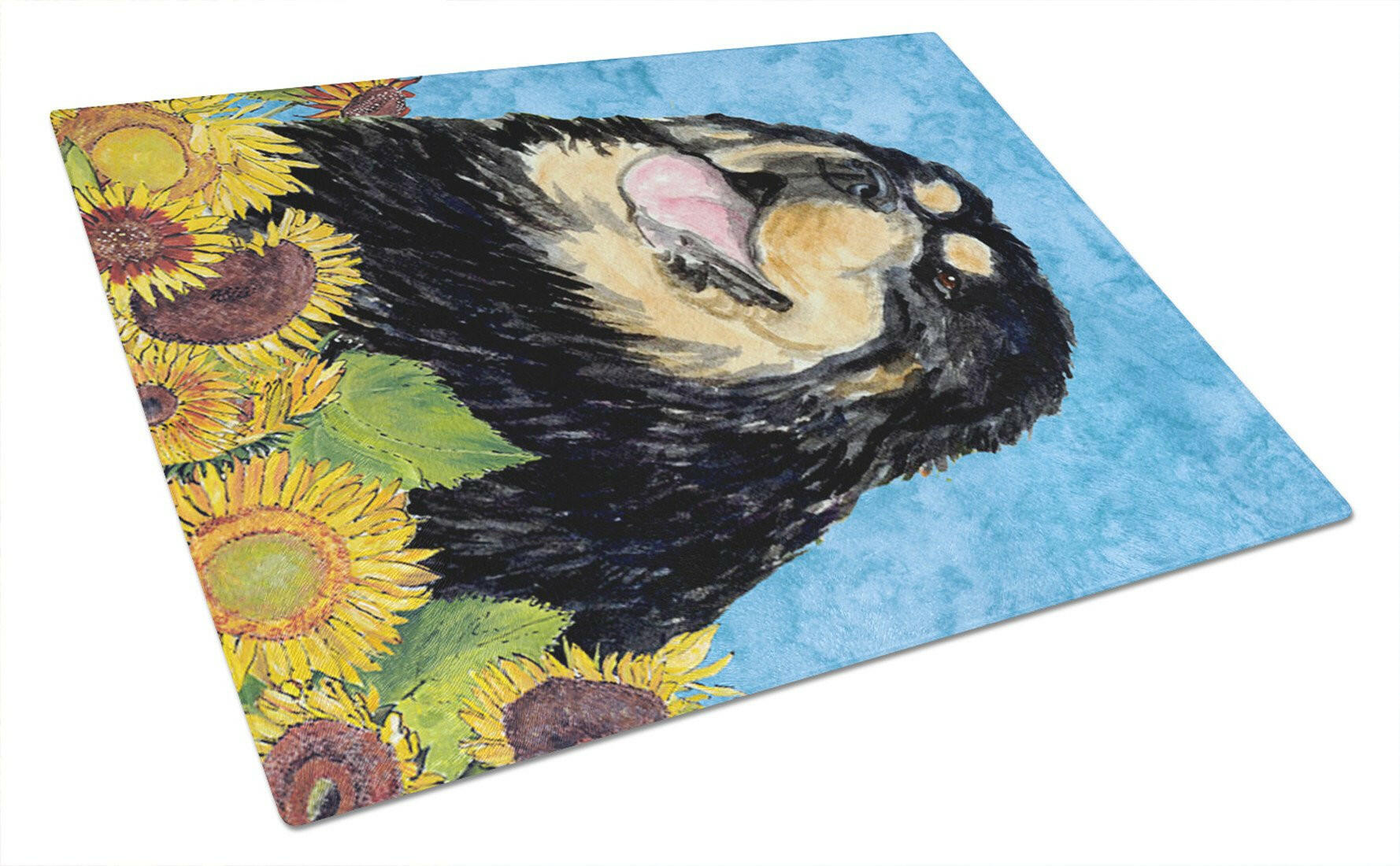 Tibetan Mastiff in Summer Flowers Cutting Board Tempered Glass Kitchen Cutting Surface, Heat Resistant Chopping, Non-Slip Feet, Food Prep & Serving