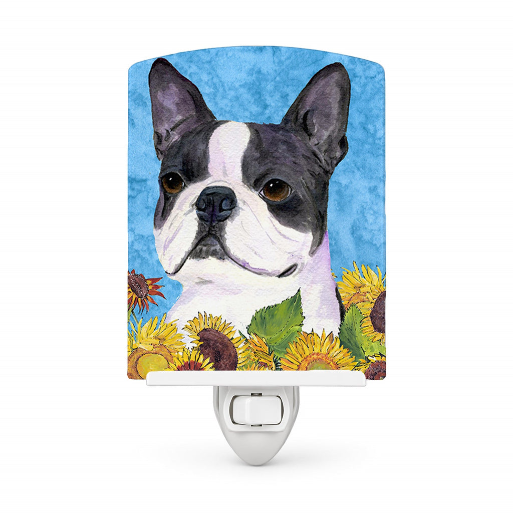 Boston Terrier in Summer Flowers Ceramic Night Light Compact, UL-Certified, Ideal for Bedroom, Bathroom, Nursery, Hallway, Kitchen, 6x4x3, Multicolor