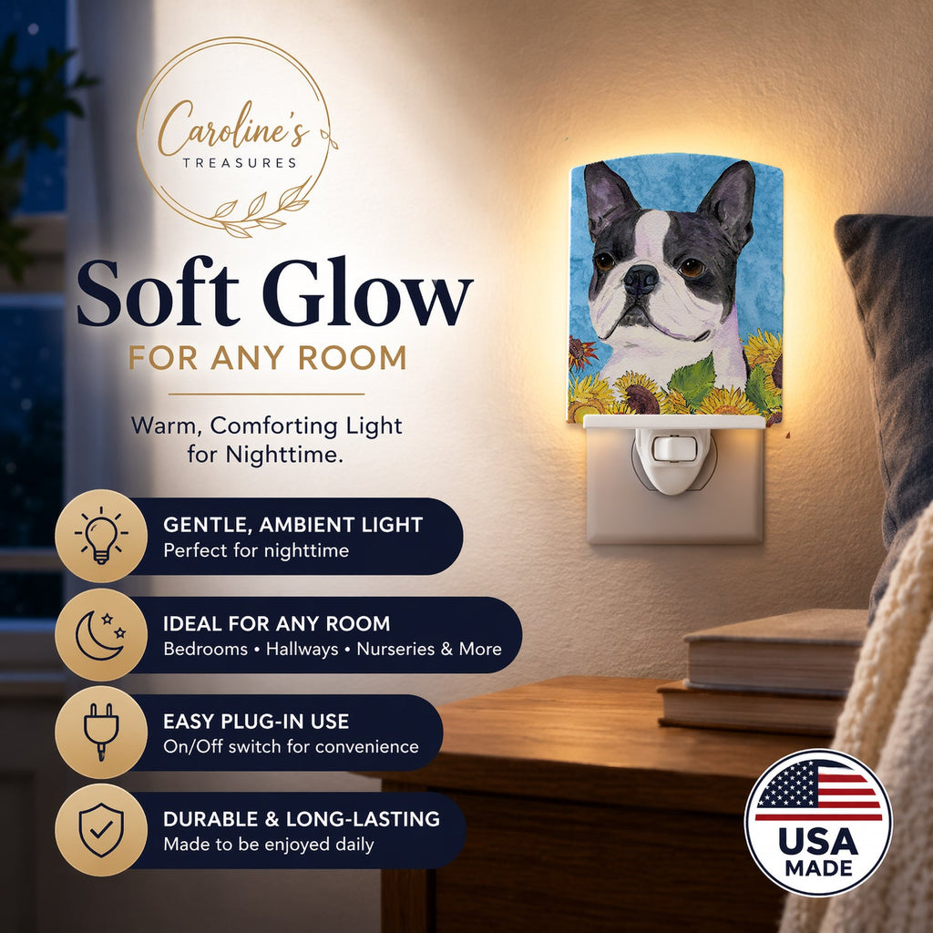 Boston Terrier in Summer Flowers Ceramic Night Light Compact, UL-Certified, Ideal for Bedroom, Bathroom, Nursery, Hallway, Kitchen, 6x4x3, Multicolor