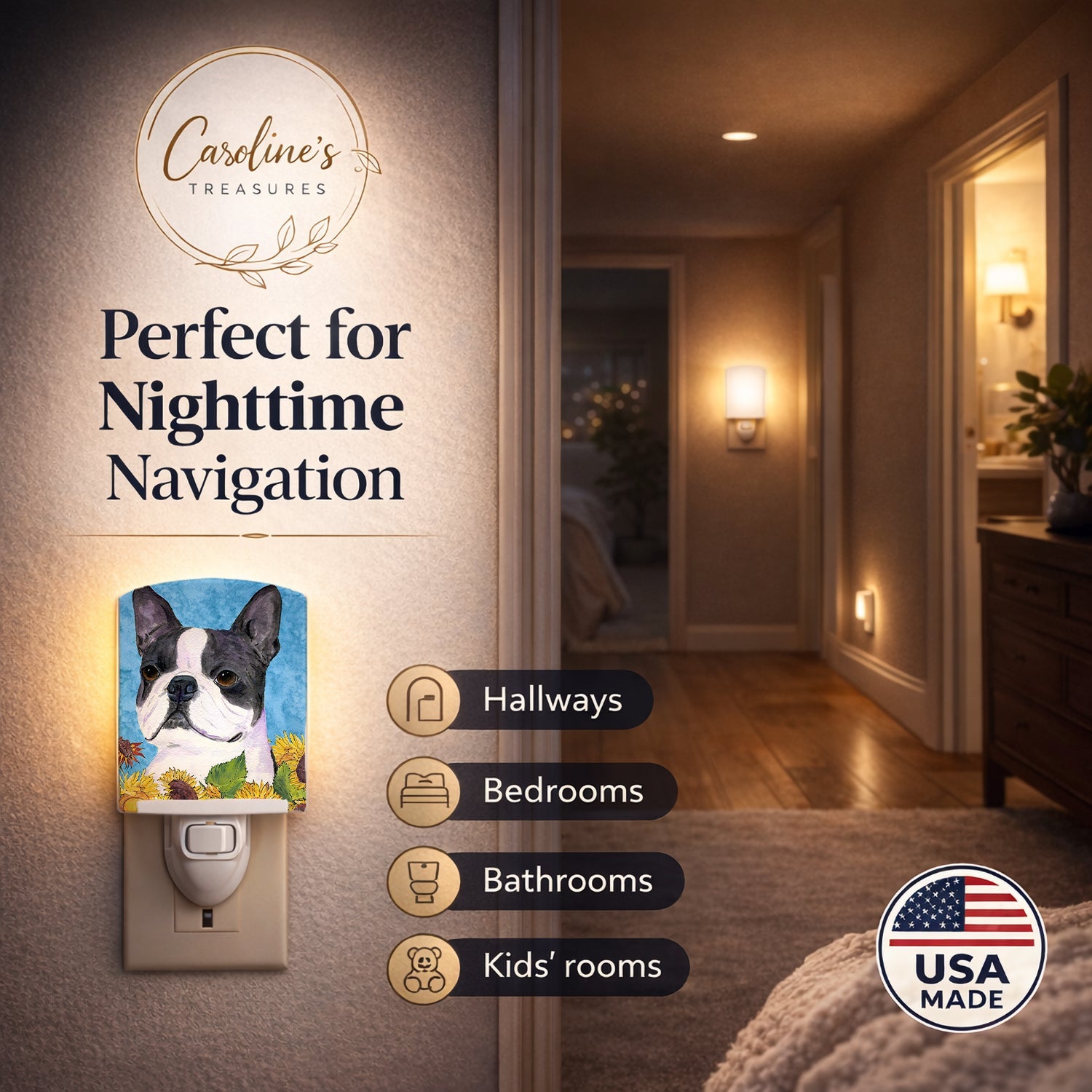 Boston Terrier in Summer Flowers Ceramic Night Light Compact, UL-Certified, Ideal for Bedroom, Bathroom, Nursery, Hallway, Kitchen, 6x4x3, Multicolor