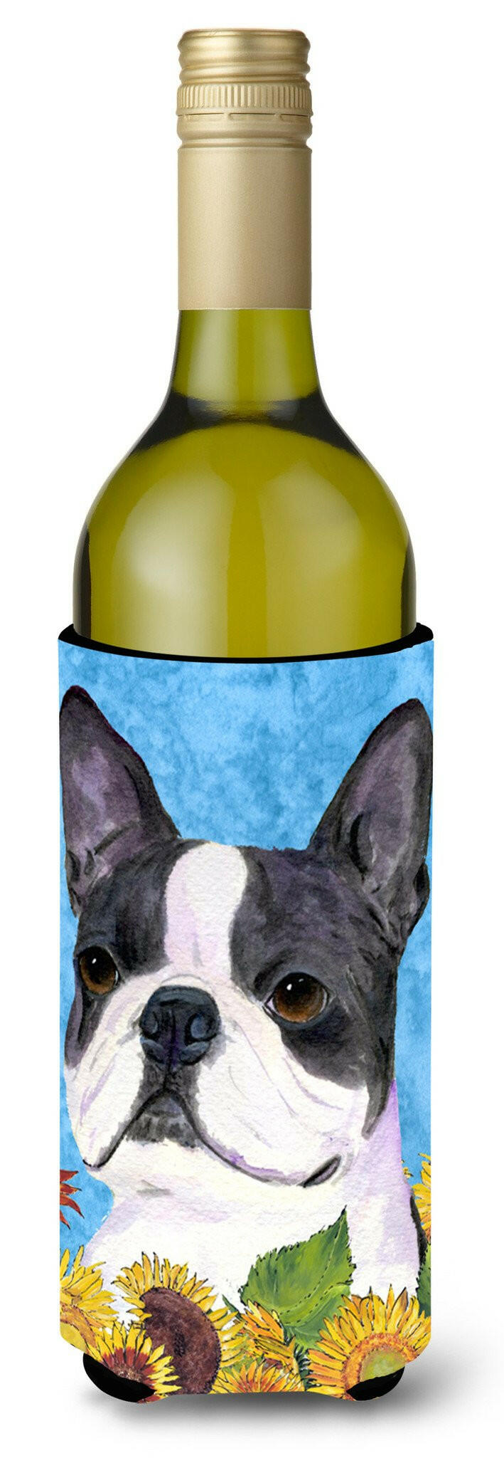Boston Terrier in Summer Flowers Wine Bottle Hugger Gift Sleeve for Standard 750 ml Bottles, Insulated Reusable Also Fits Mini Shot & Pint Bottles