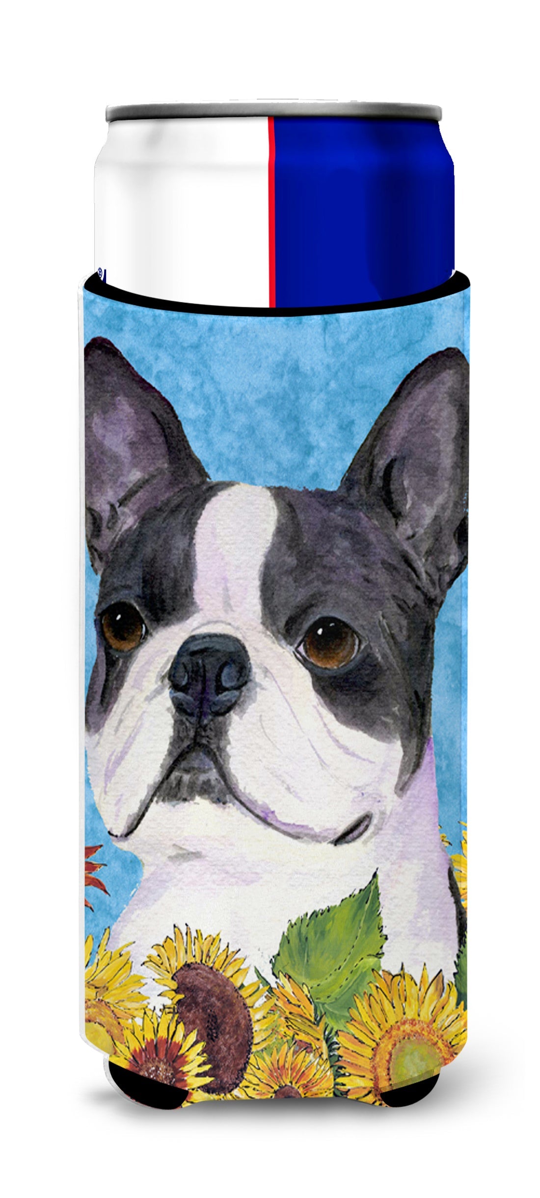 Boston Terrier in Summer Flowers Slim Can Hugger , Insulated Foam Hugger for 12 oz Slim Cans, Beer Bottles & Water Bottles, Printed in USA