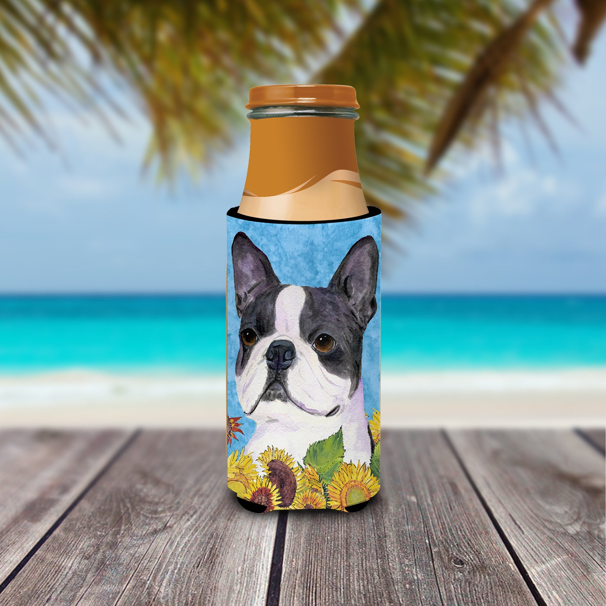 Boston Terrier in Summer Flowers Slim Can Hugger , Insulated Foam Hugger for 12 oz Slim Cans, Beer Bottles & Water Bottles, Printed in USA