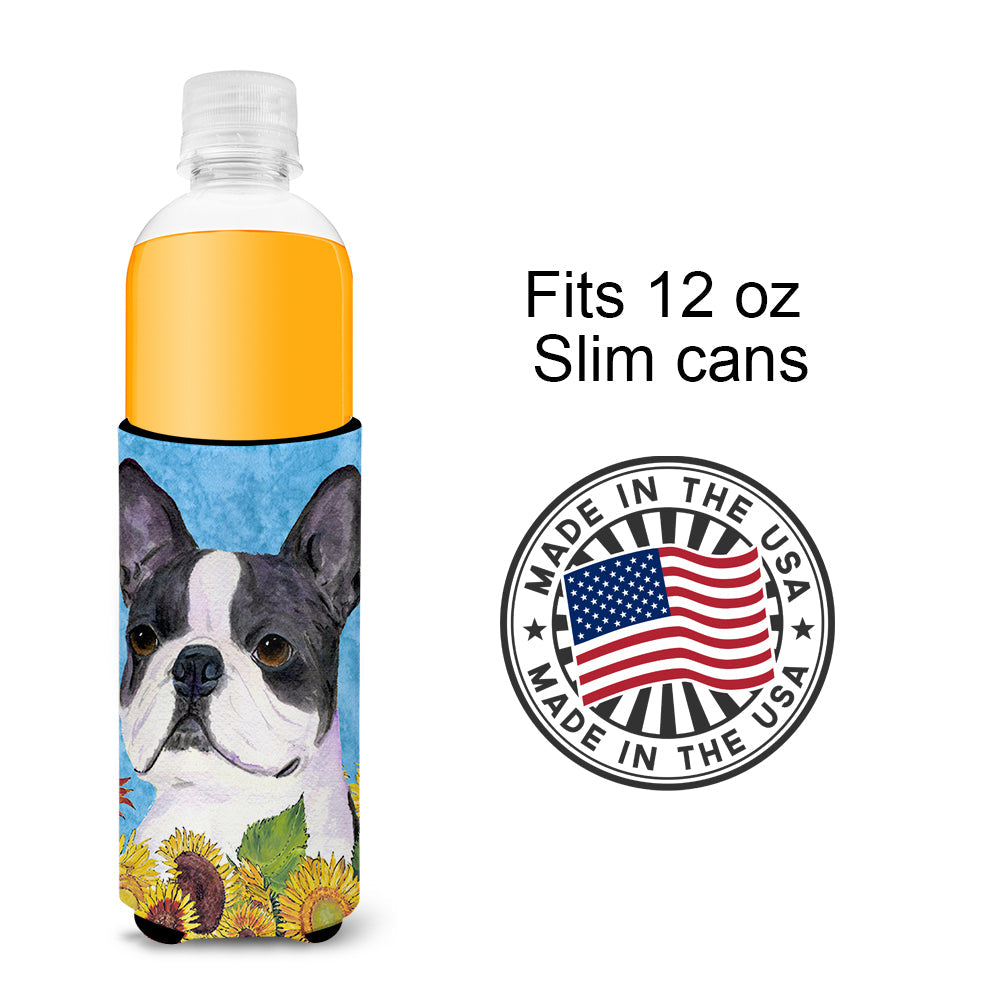 Boston Terrier in Summer Flowers Slim Can Hugger , Insulated Foam Hugger for 12 oz Slim Cans, Beer Bottles & Water Bottles, Printed in USA