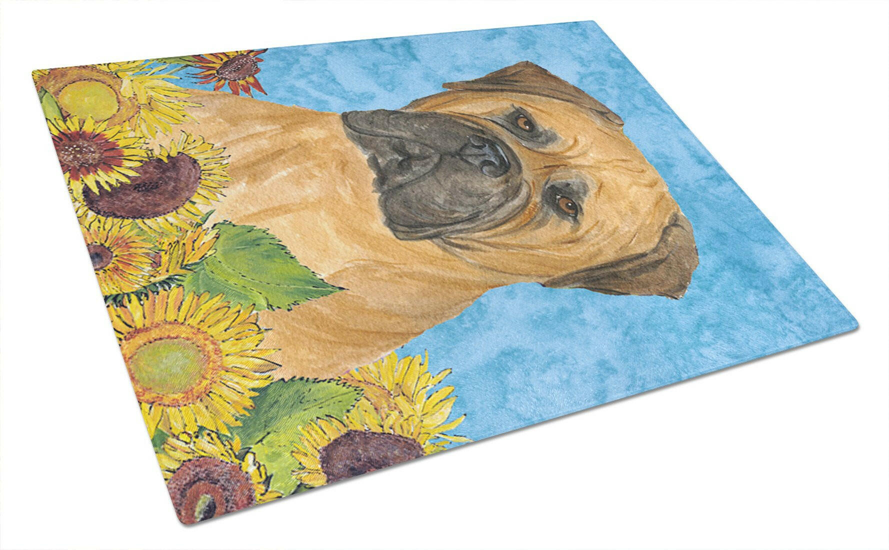 Bullmastiff in Summer Flowers Cutting Board Tempered Glass Kitchen Cutting Surface, Heat Resistant Chopping, Non-Slip Feet, Food Prep & Serving