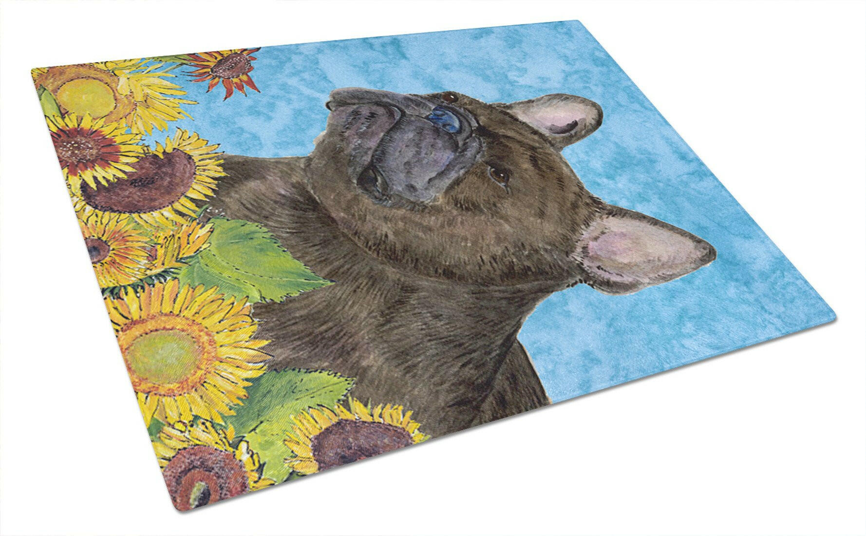 French Bulldog in Summer Flowers Cutting Board Tempered Glass Kitchen Cutting Surface, Heat Resistant Chopping, Non-Slip Feet, Food Prep & Serving