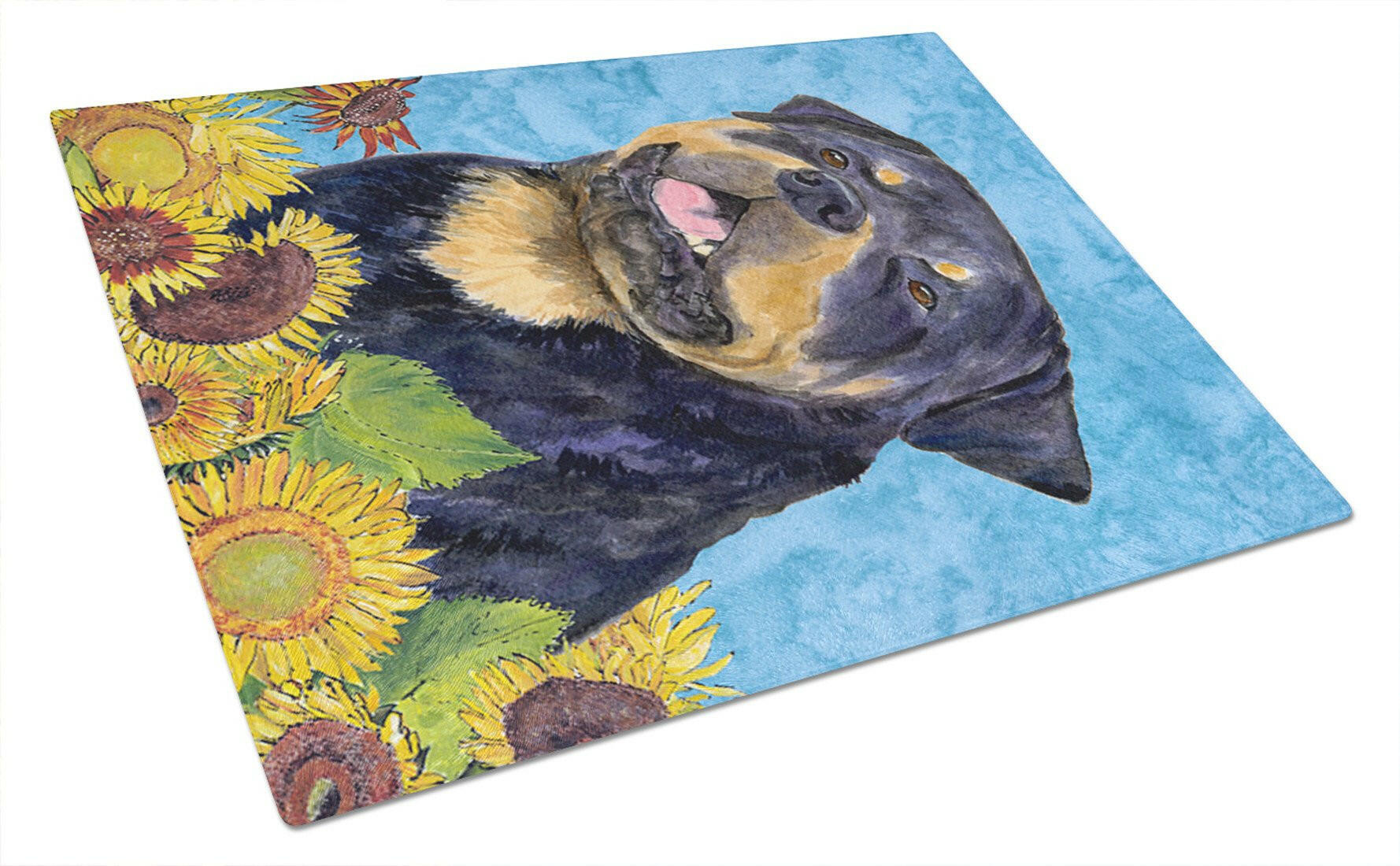 Rottweiler in Summer Flowers Cutting Board Tempered Glass Kitchen Cutting Surface, Heat Resistant Chopping, Non-Slip Feet, Food Prep & Serving