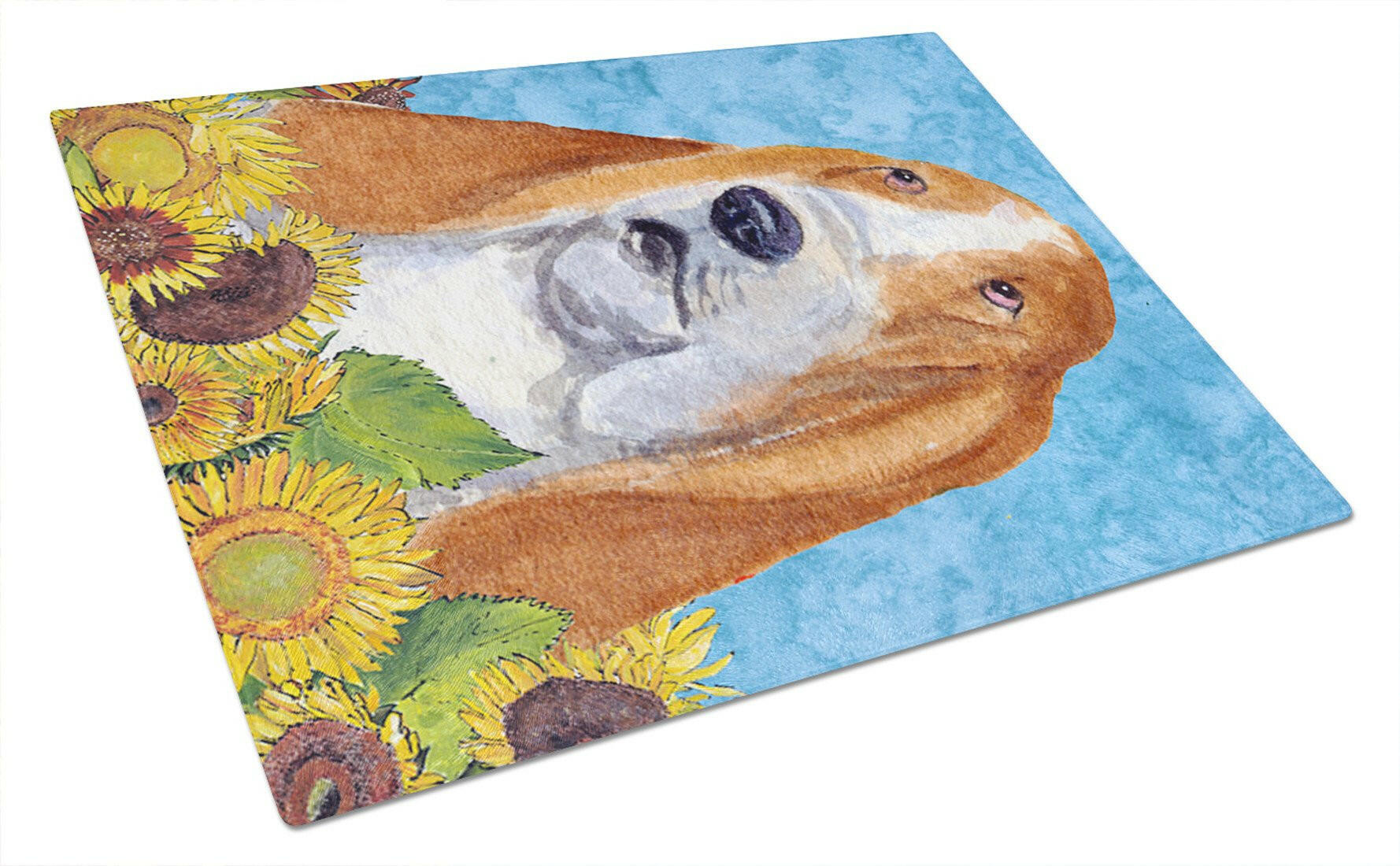 Basset Hound in Summer Flowers Cutting Board Tempered Glass Kitchen Cutting Surface, Heat Resistant Chopping, Non-Slip Feet, Food Prep & Serving
