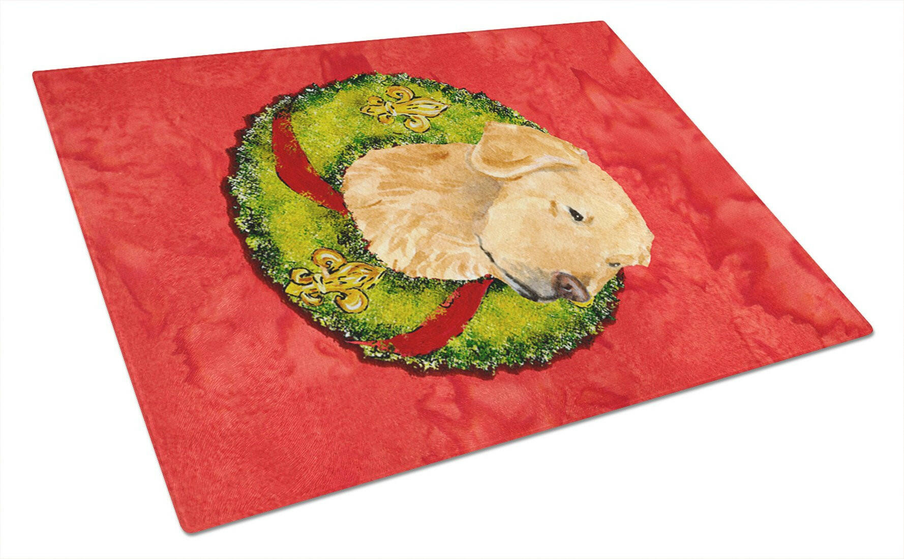 Golden Retriever Cristmas Wreath Cutting Board Tempered Glass Kitchen Cutting Surface, Heat Resistant Chopping, Non-Slip Feet, Food Prep & Serving