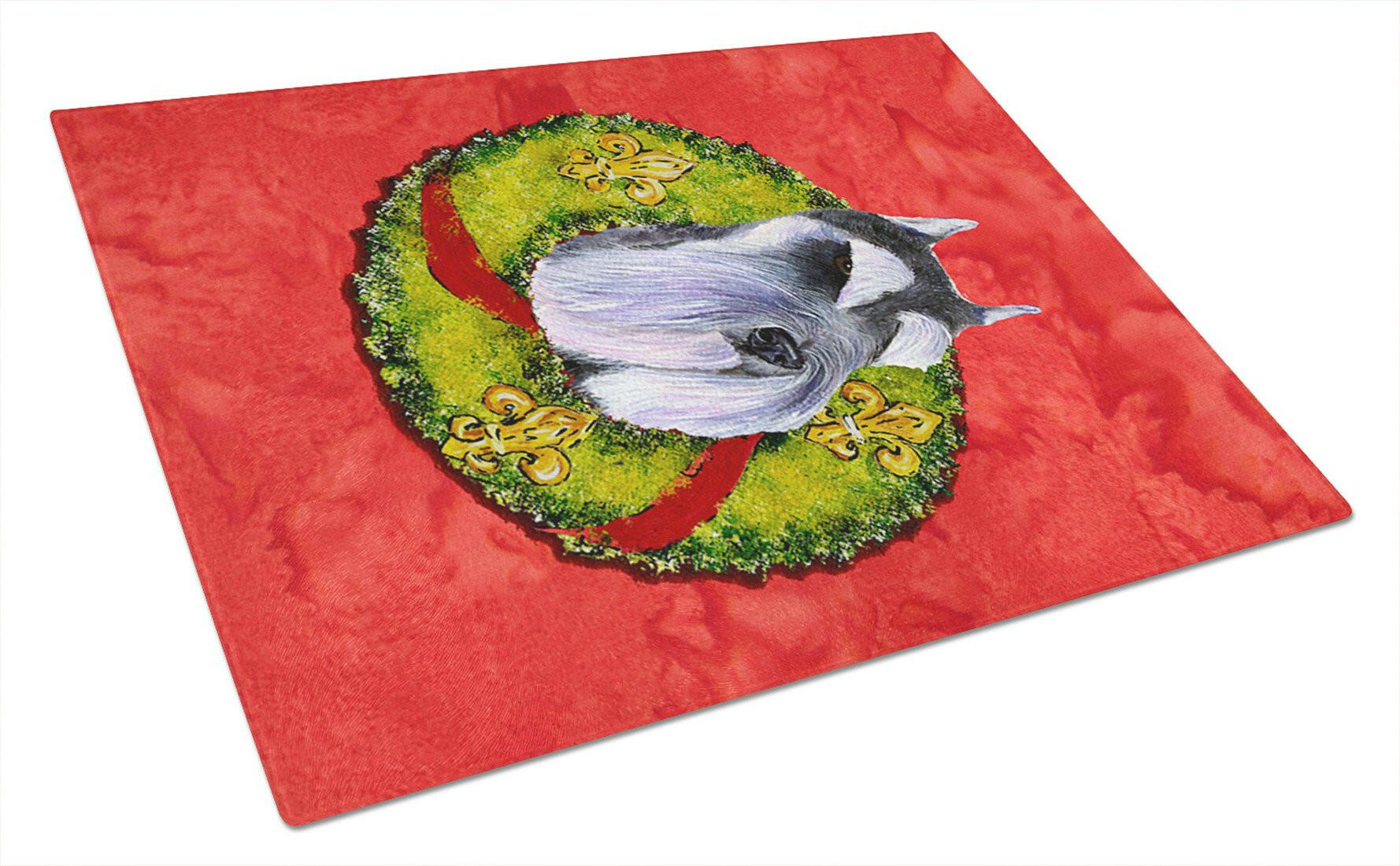 Schnauzer Cristmas Wreath Cutting Board Tempered Glass Kitchen Cutting Surface, Heat Resistant Chopping, Non-Slip Feet, Food Prep & Serving