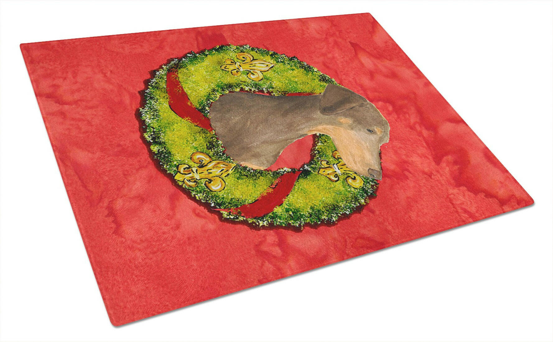 Doberman Cristmas Wreath Cutting Board Tempered Glass Kitchen Cutting Surface, Heat Resistant Chopping, Non-Slip Feet, Food Prep & Serving