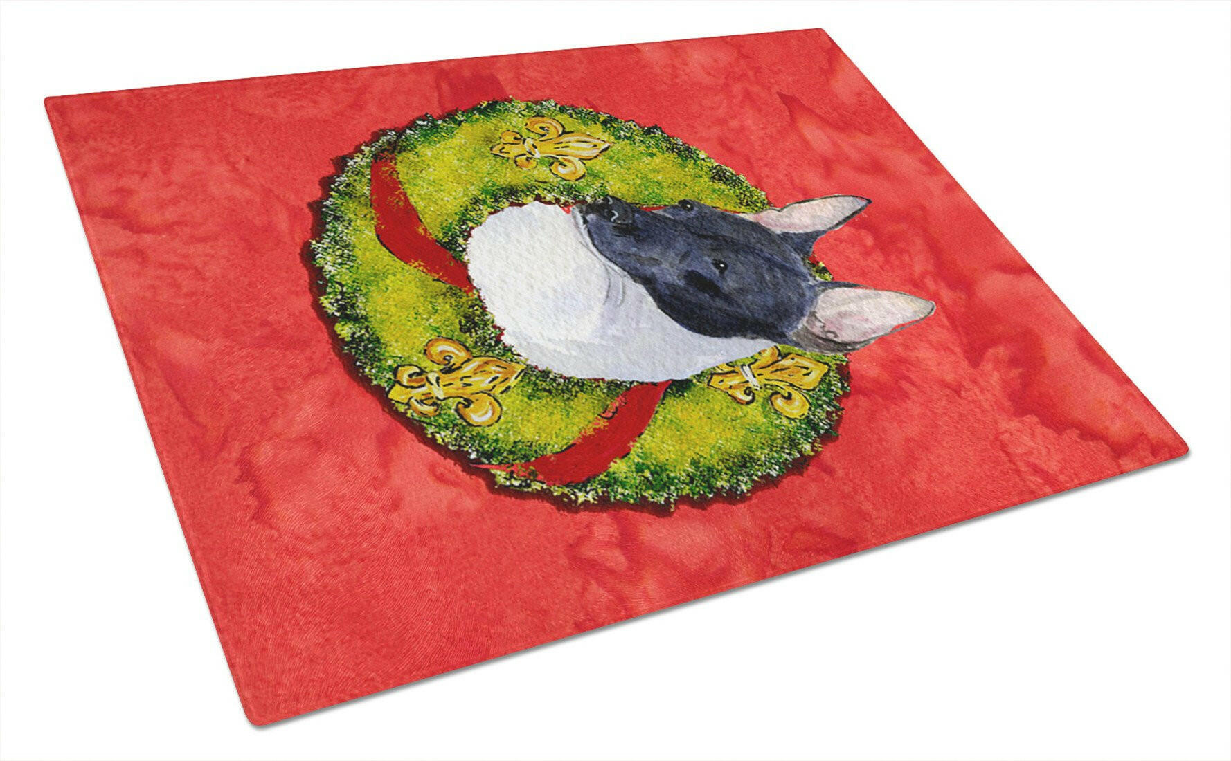 Rat Terrier Cristmas Wreath Cutting Board Tempered Glass Kitchen Cutting Surface, Heat Resistant Chopping, Non-Slip Feet, Food Prep & Serving