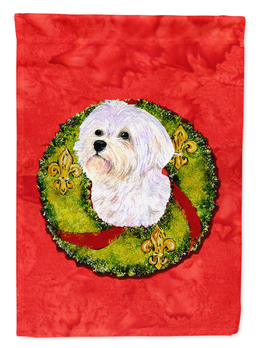 Maltese Cristmas Wreath House Flag 28x40 Porch Sleeve Pole Decorative Outside Yard Banner Artwork Wall Hanging, Polyester
