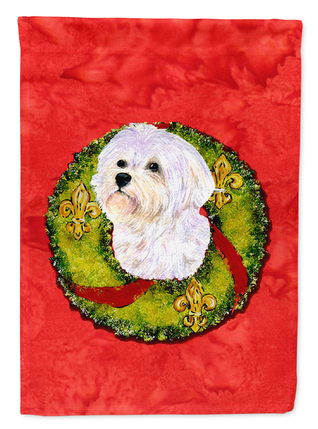 Maltese Cristmas Wreath House Flag 28x40 Porch Sleeve Pole Decorative Outside Yard Banner Artwork Wall Hanging, Polyester