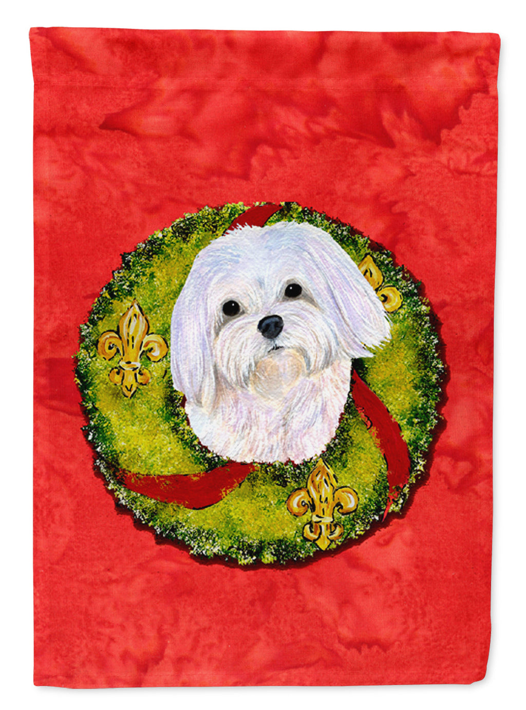 Maltese Cristmas Wreath House Flag 28x40 Porch Sleeve Pole Decorative Outside Yard Banner Artwork Wall Hanging, Polyester