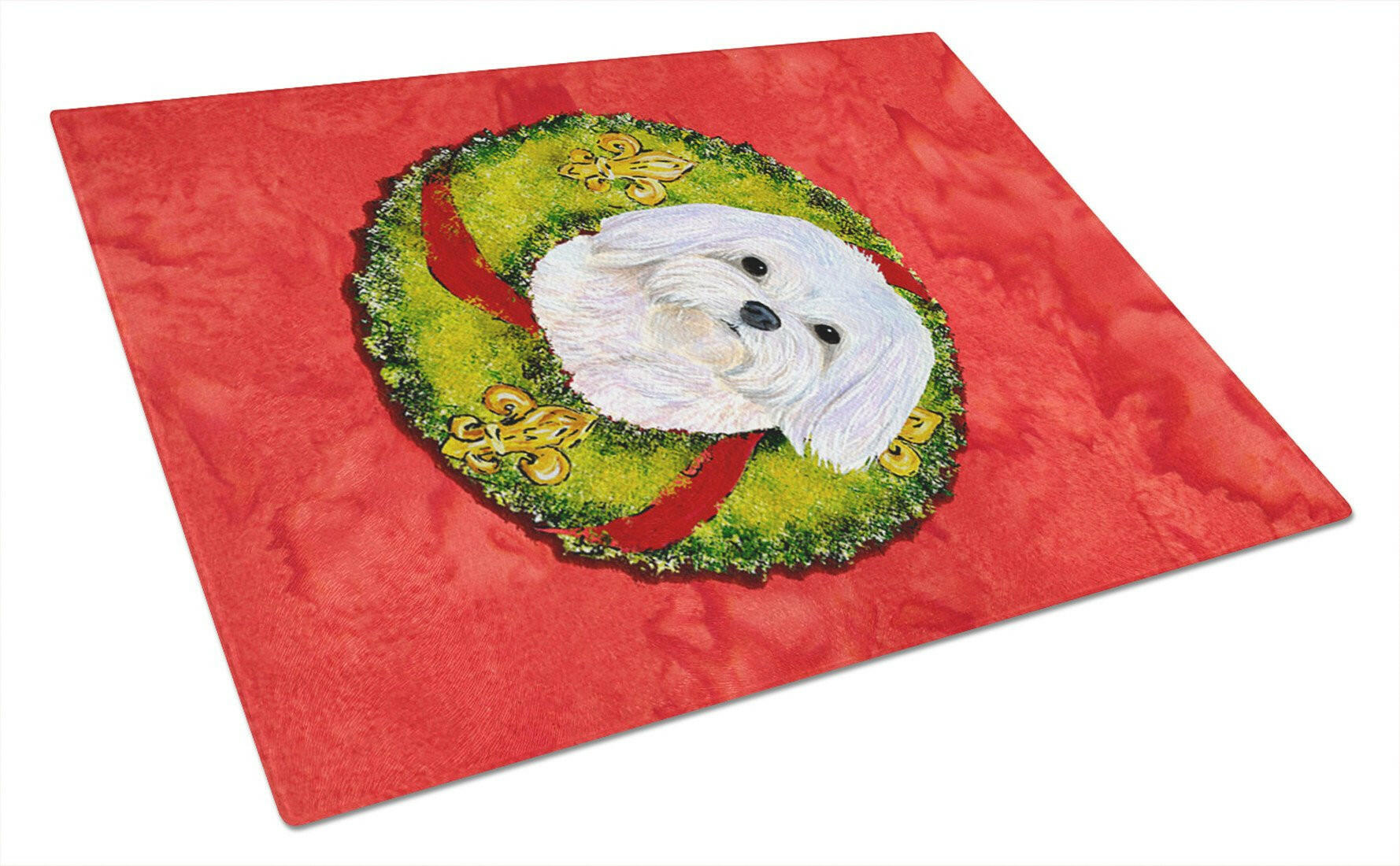 Maltese Cristmas Wreath Cutting Board Tempered Glass Kitchen Cutting Surface, Heat Resistant Chopping, Non-Slip Feet, Food Prep & Serving