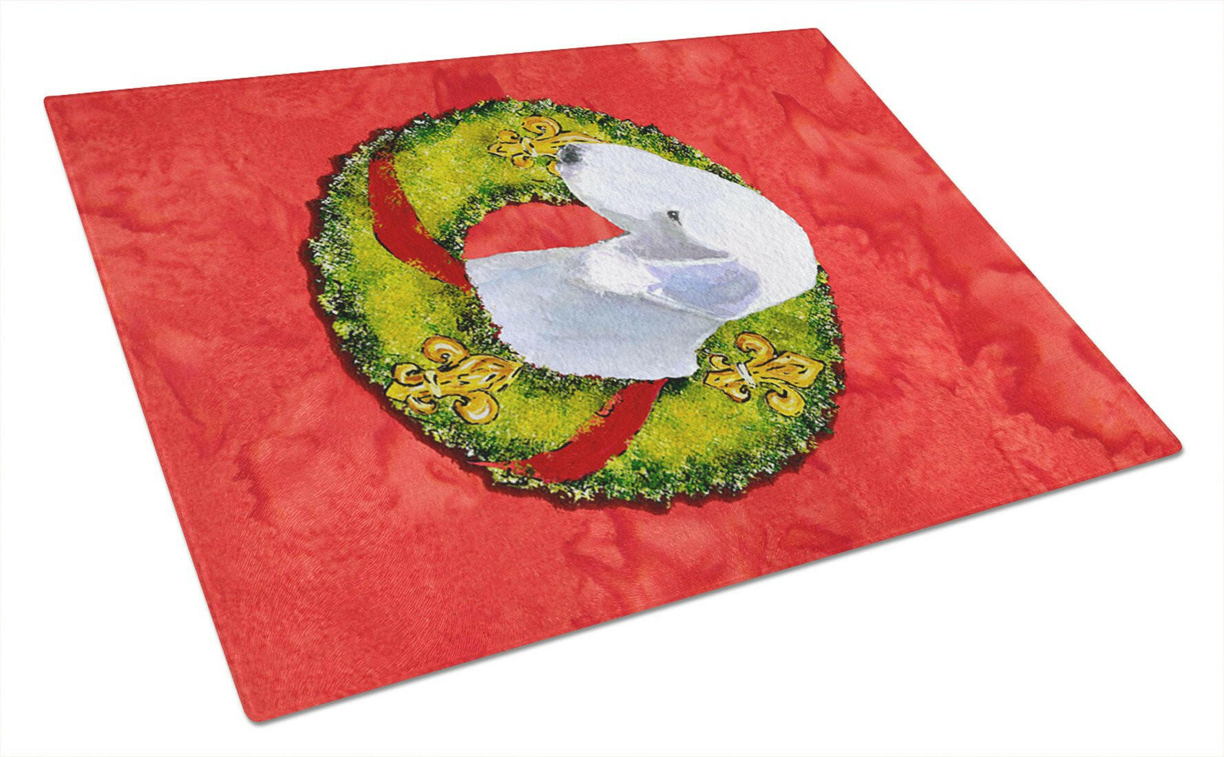 Bedlington Terrier Cristmas Wreath Cutting Board Tempered Glass Kitchen Cutting Surface, Heat Resistant Chopping, Non-Slip Feet, Food Prep & Serving
