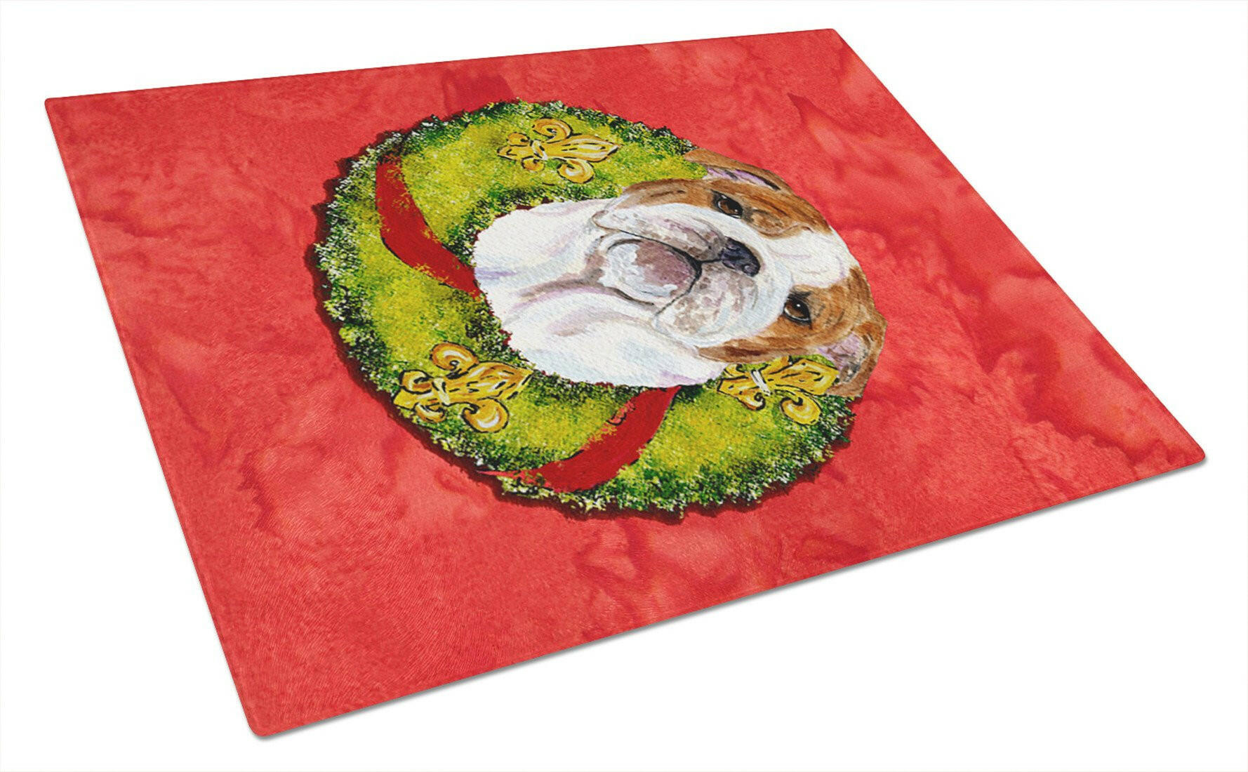 Bulldog English Cristmas Wreath Cutting Board Tempered Glass Kitchen Cutting Surface, Heat Resistant Chopping, Non-Slip Feet, Food Prep & Serving