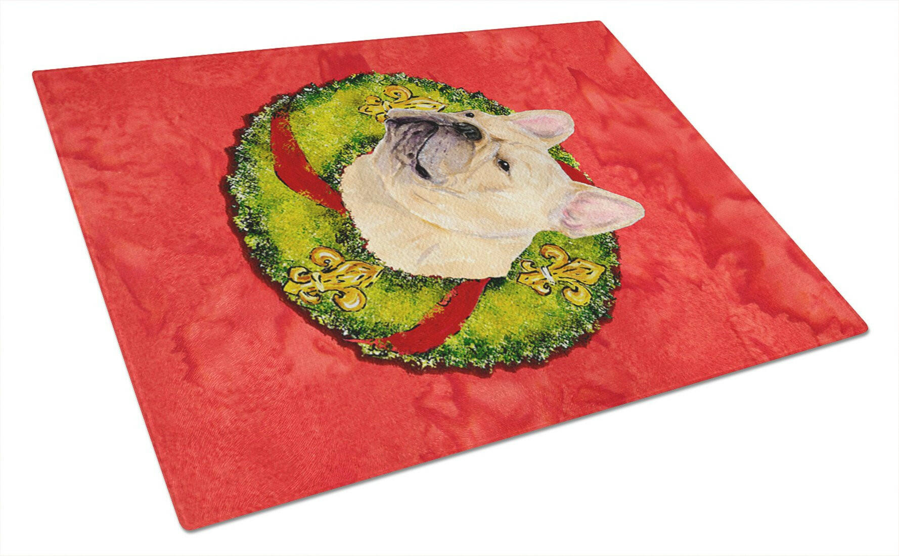 French Bulldog Cristmas Wreath Cutting Board Tempered Glass Kitchen Cutting Surface, Heat Resistant Chopping, Non-Slip Feet, Food Prep & Serving