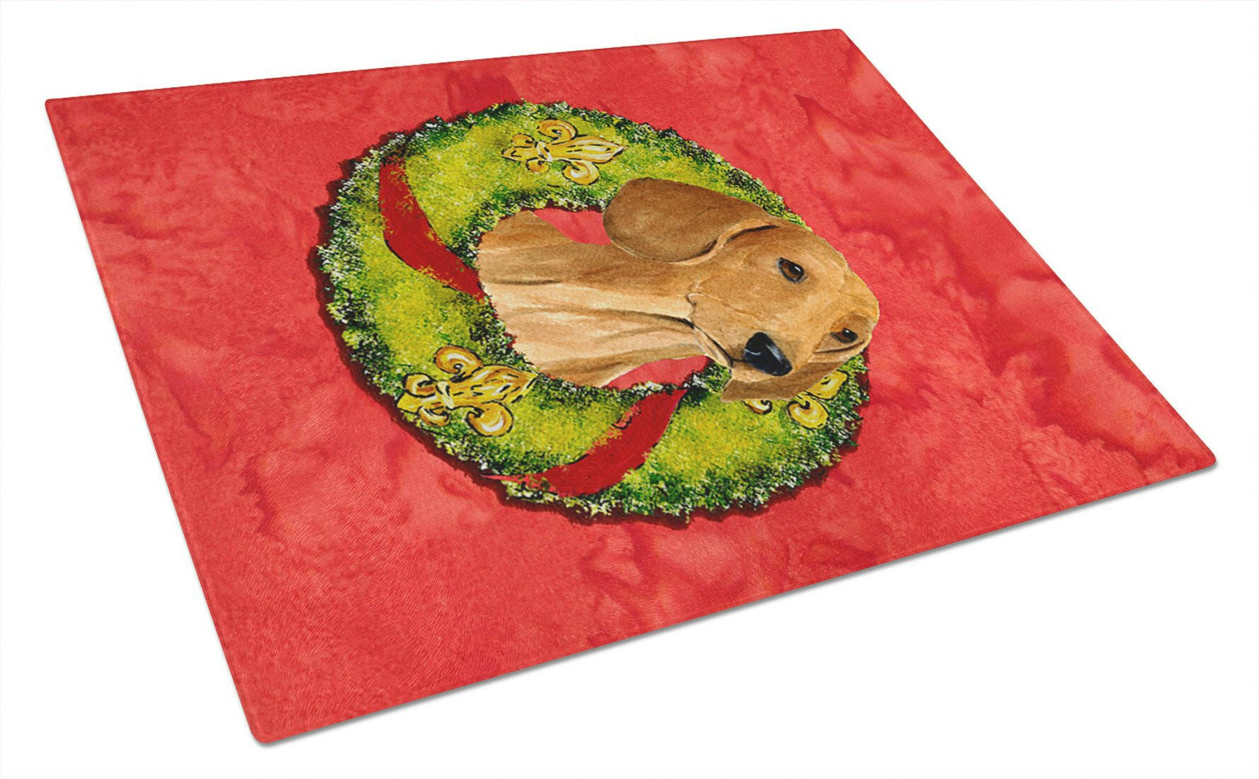 Dachshund Cristmas Wreath Cutting Board Tempered Glass Kitchen Cutting Surface, Heat Resistant Chopping, Non-Slip Feet, Food Prep & Serving