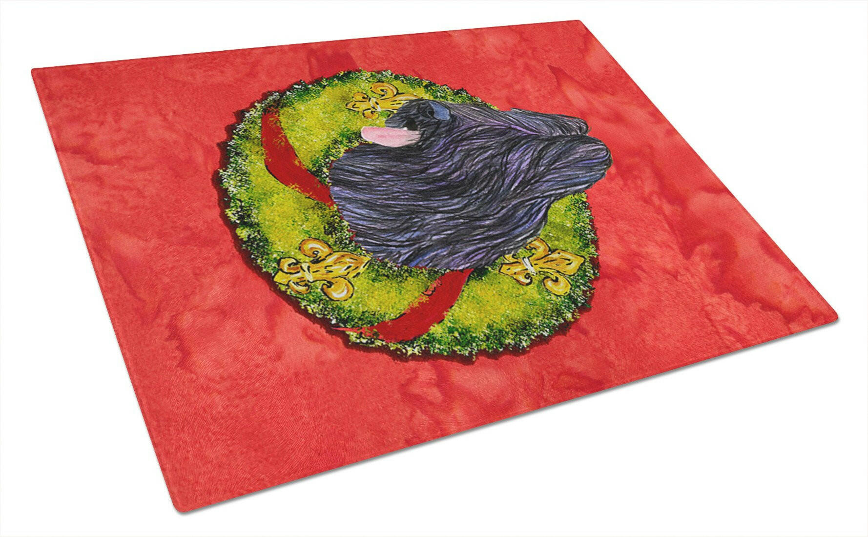 Briard Cristmas Wreath Cutting Board Tempered Glass Kitchen Cutting Surface, Heat Resistant Chopping, Non-Slip Feet, Food Prep & Serving