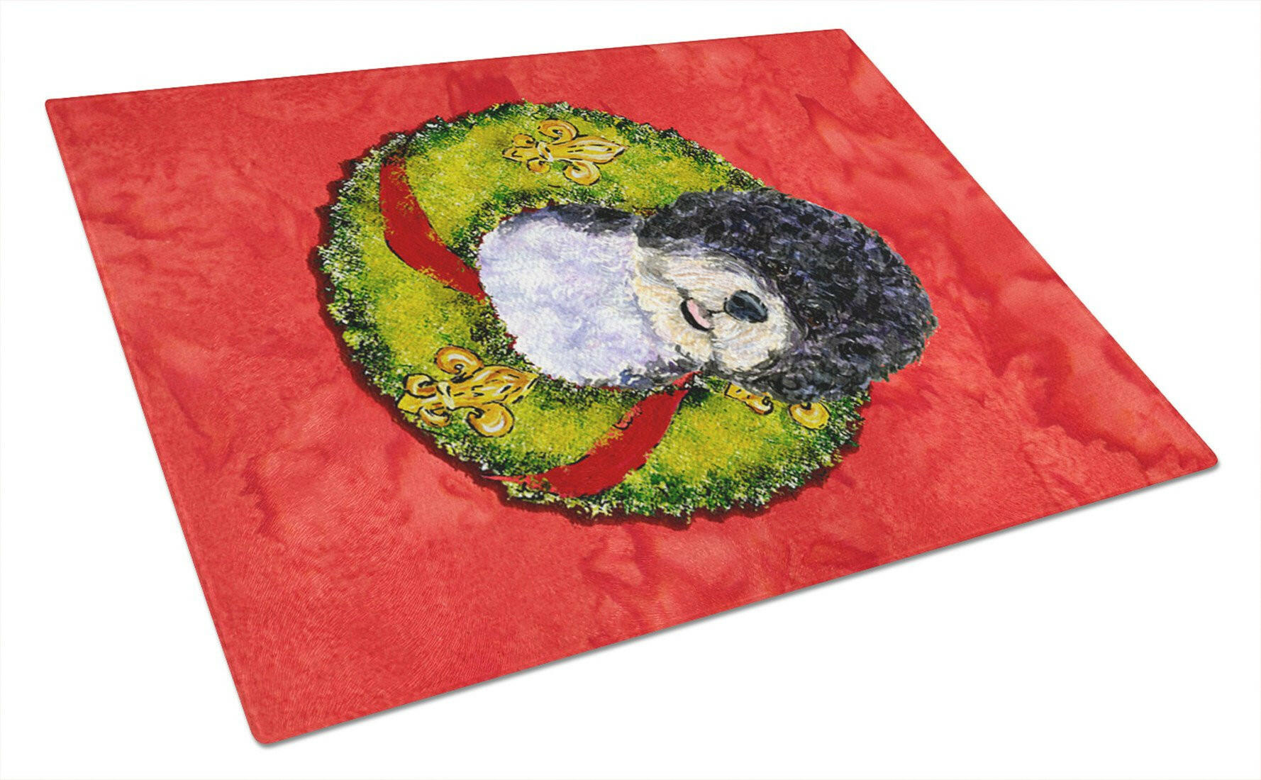 Portuguese Water Dog Cristmas Wreath Cutting Board Tempered Glass Kitchen Cutting Surface, Heat Resistant Chopping, Non-Slip Feet, Food Prep & Serving