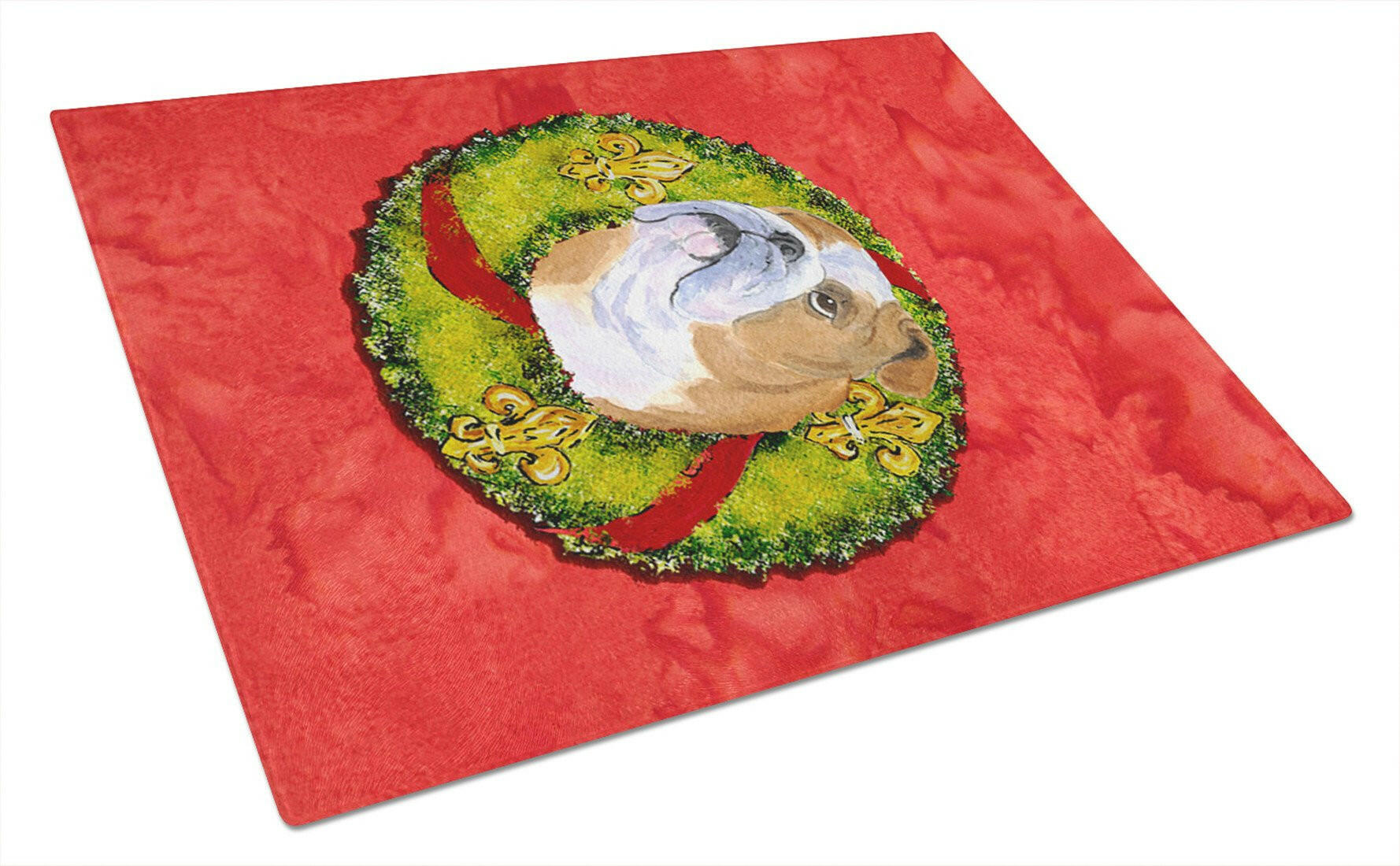 Bulldog English Cristmas Wreath Cutting Board Tempered Glass Kitchen Cutting Surface, Heat Resistant Chopping, Non-Slip Feet, Food Prep & Serving