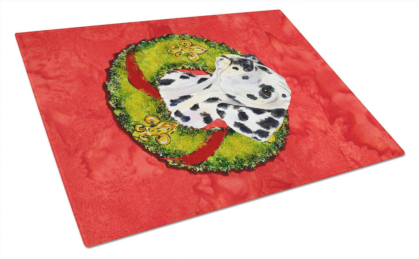 Dalmatian Cristmas Wreath Cutting Board Tempered Glass Kitchen Cutting Surface, Heat Resistant Chopping, Non-Slip Feet, Food Prep & Serving