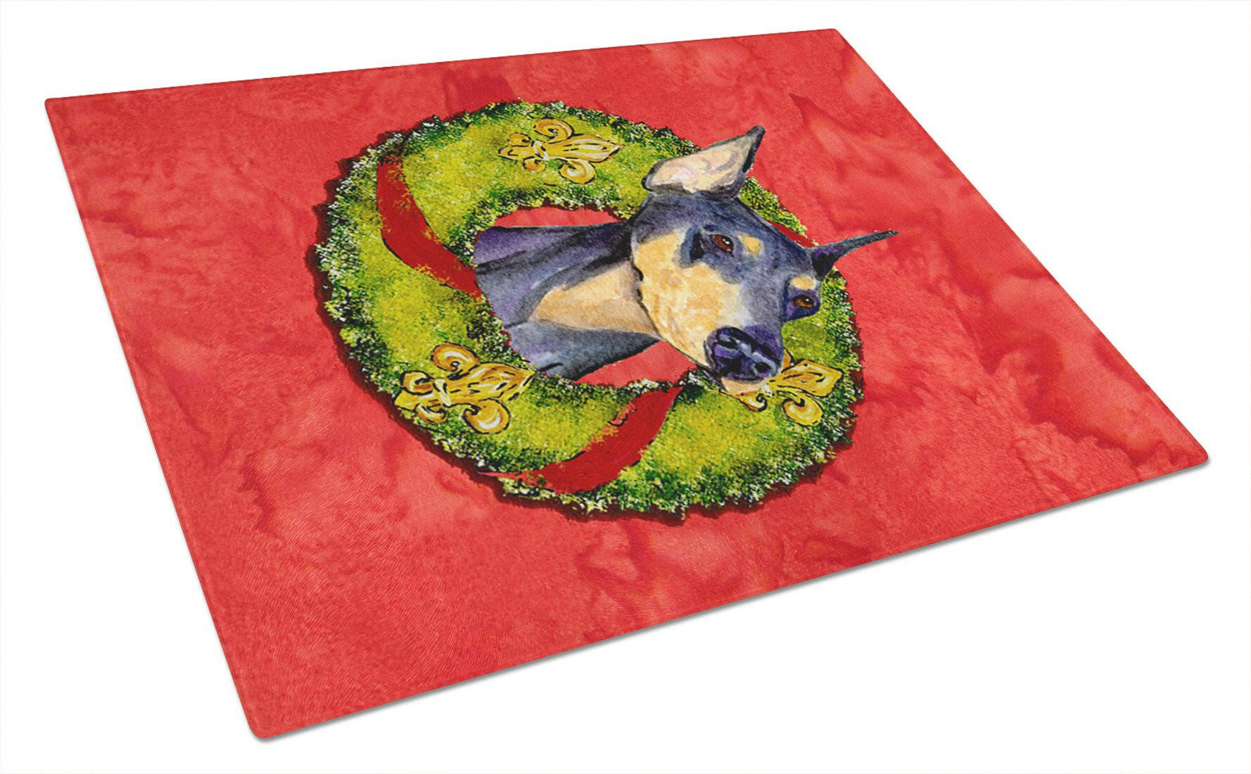 Doberman Cristmas Wreath Cutting Board Tempered Glass Kitchen Cutting Surface, Heat Resistant Chopping, Non-Slip Feet, Food Prep & Serving