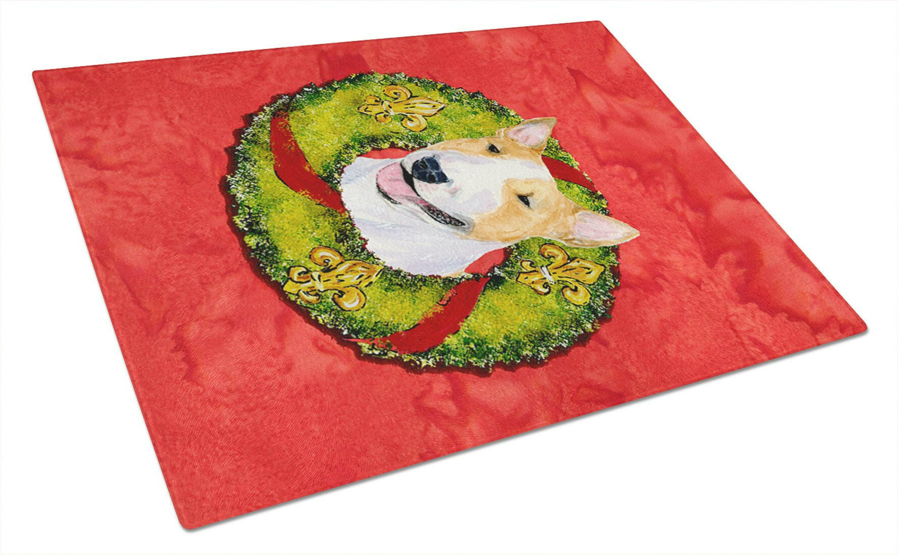 Bull Terrier Cristmas Wreath Cutting Board Tempered Glass Kitchen Cutting Surface, Heat Resistant Chopping, Non-Slip Feet, Food Prep & Serving