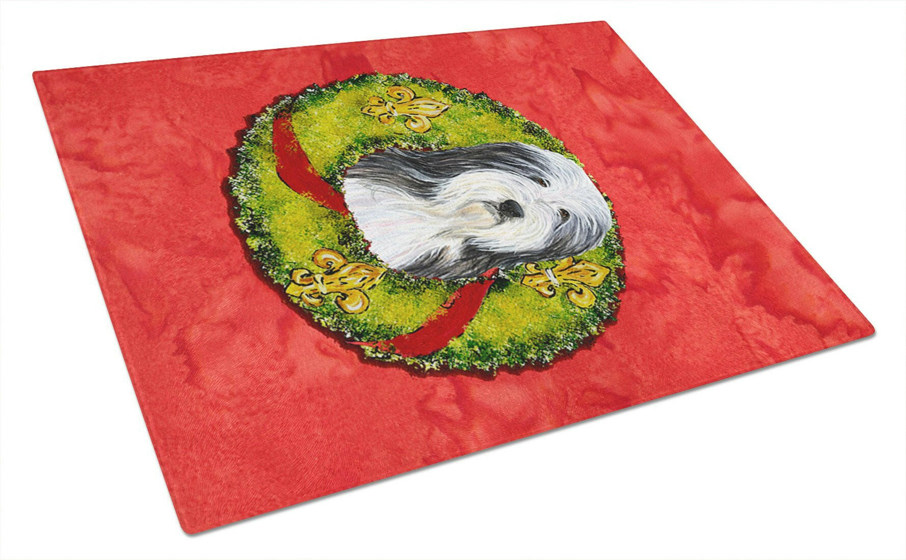 Bearded Collie Cristmas Wreath Cutting Board Tempered Glass Kitchen Cutting Surface, Heat Resistant Chopping, Non-Slip Feet, Food Prep & Serving
