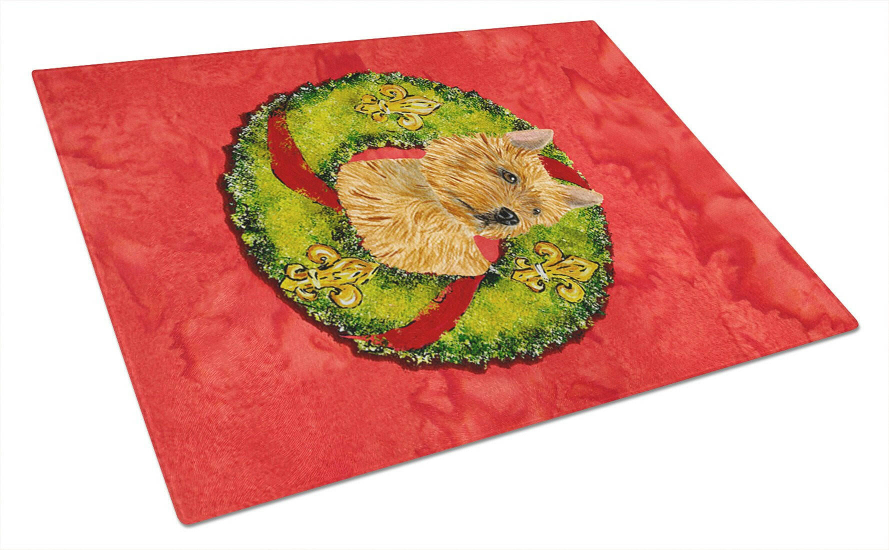 Norwich Terrier Cristmas Wreath Cutting Board Tempered Glass Kitchen Cutting Surface, Heat Resistant Chopping, Non-Slip Feet, Food Prep & Serving