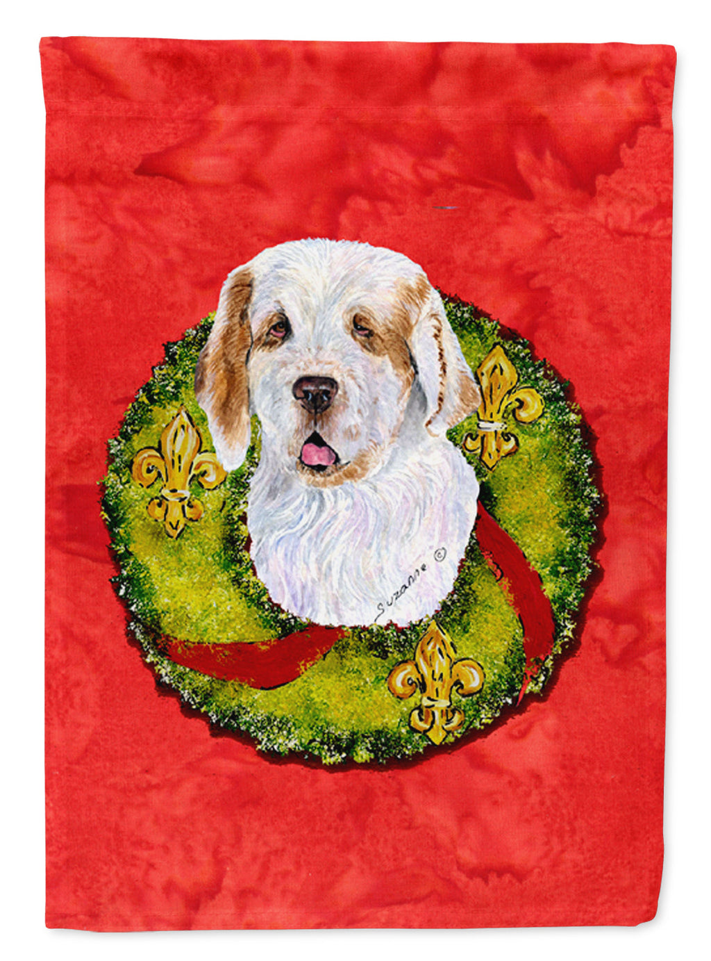 Clumber Spaniel Cristmas Wreath House Flag 28x40 Porch Sleeve Pole Decorative Outside Yard Banner Artwork Wall Hanging, Polyester