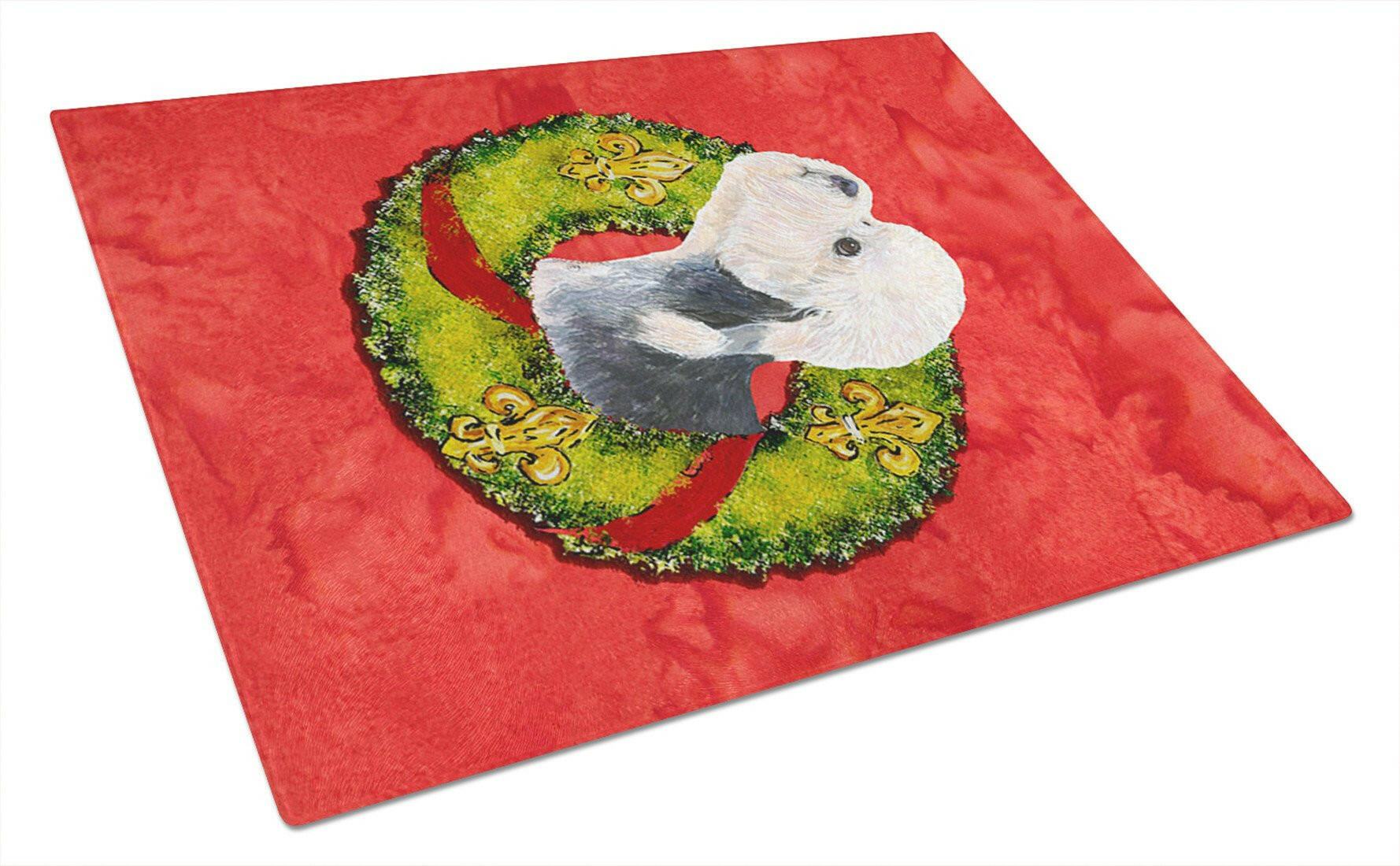 Dandie Dinmont Terrier Cristmas Wreath Cutting Board Tempered Glass Kitchen Cutting Surface, Heat Resistant Chopping, Non-Slip Feet, Food Prep & Serving