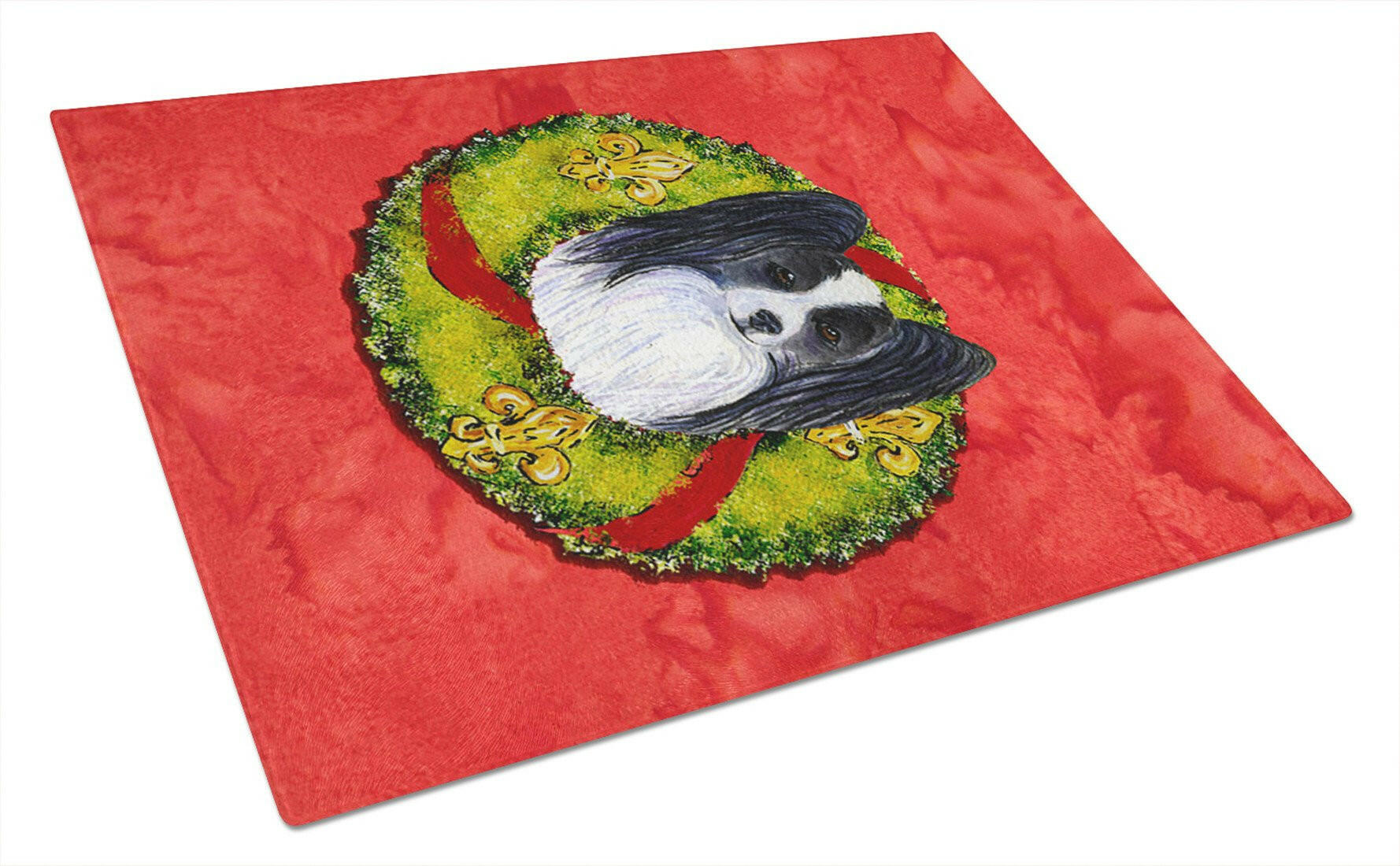 Papillon Cristmas Wreath Cutting Board Tempered Glass Kitchen Cutting Surface, Heat Resistant Chopping, Non-Slip Feet, Food Prep & Serving