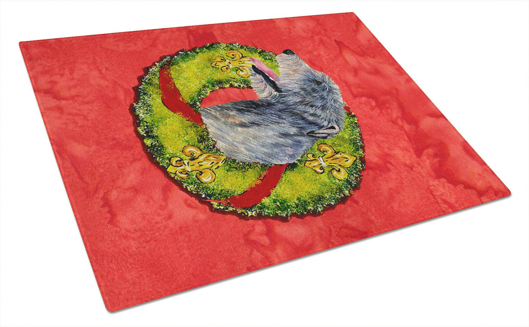 Irish Wolfhound Cristmas Wreath Cutting Board Tempered Glass Kitchen Cutting Surface, Heat Resistant Chopping, Non-Slip Feet, Food Prep & Serving